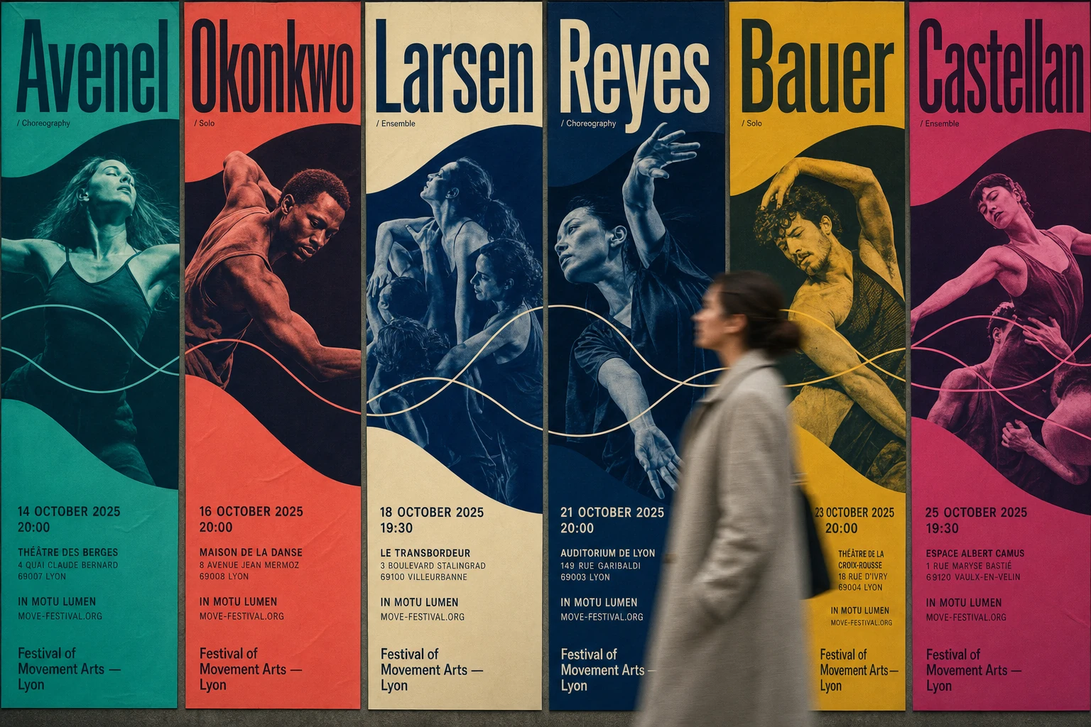 A row of vertical dance-festival posters, each a bold monochrome color field featuring a duotone dancer photograph, viewed on a wall as a passerby walks past.
