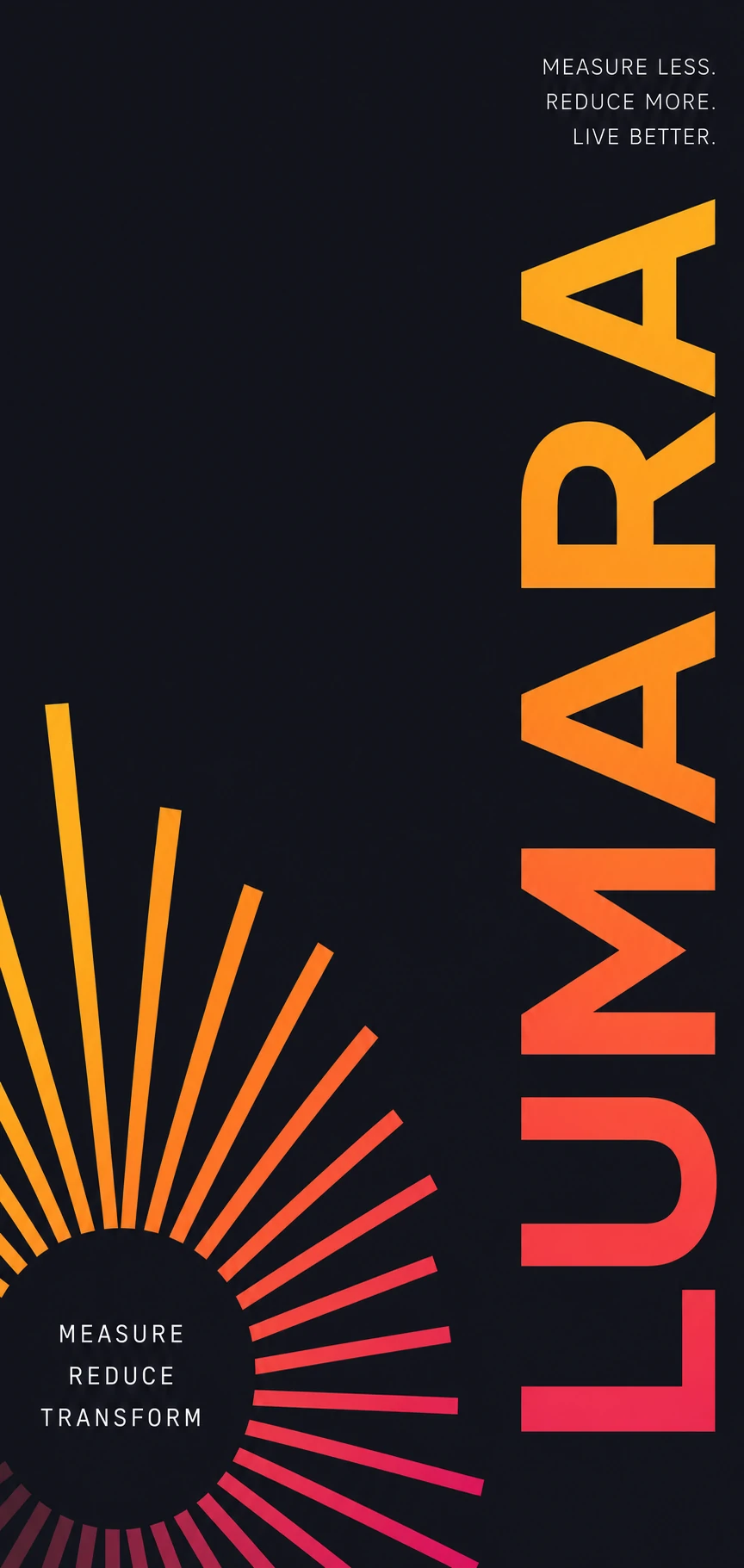 A bold vertical brand poster featuring a radiating sunburst of warm gradient rays beside a large vertical wordmark on a dark background.