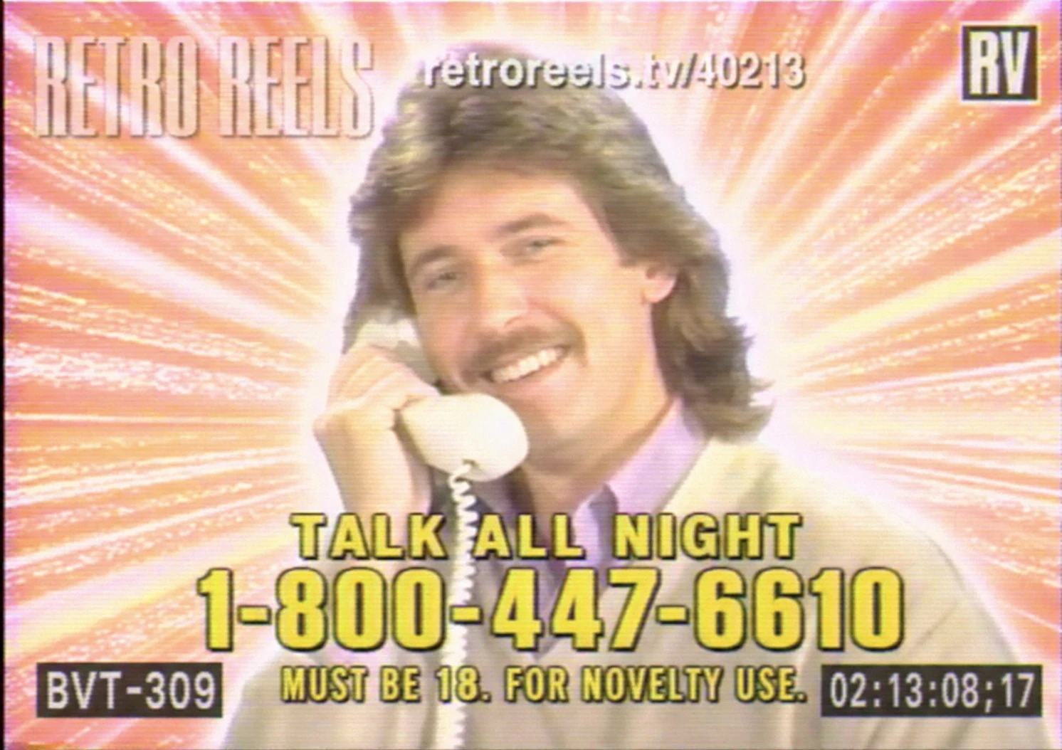 A campy 1980s late-night TV phone-line commercial freeze-frame featuring a smiling mustached man holding a corded telephone against a radiant starburst backdrop