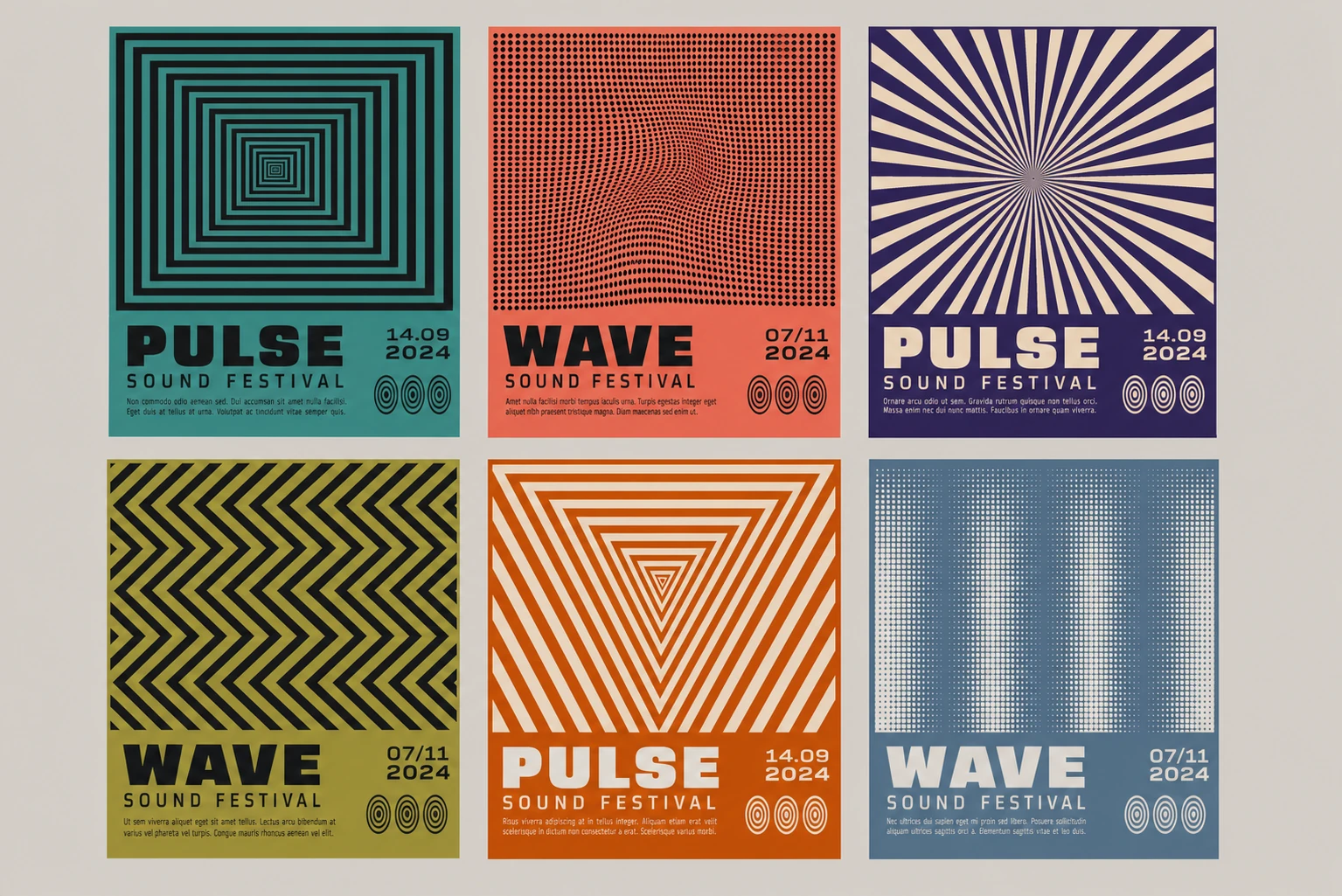 A grid of six retro-modernist music festival posters built on bold optical-art geometric patterns with chunky type.