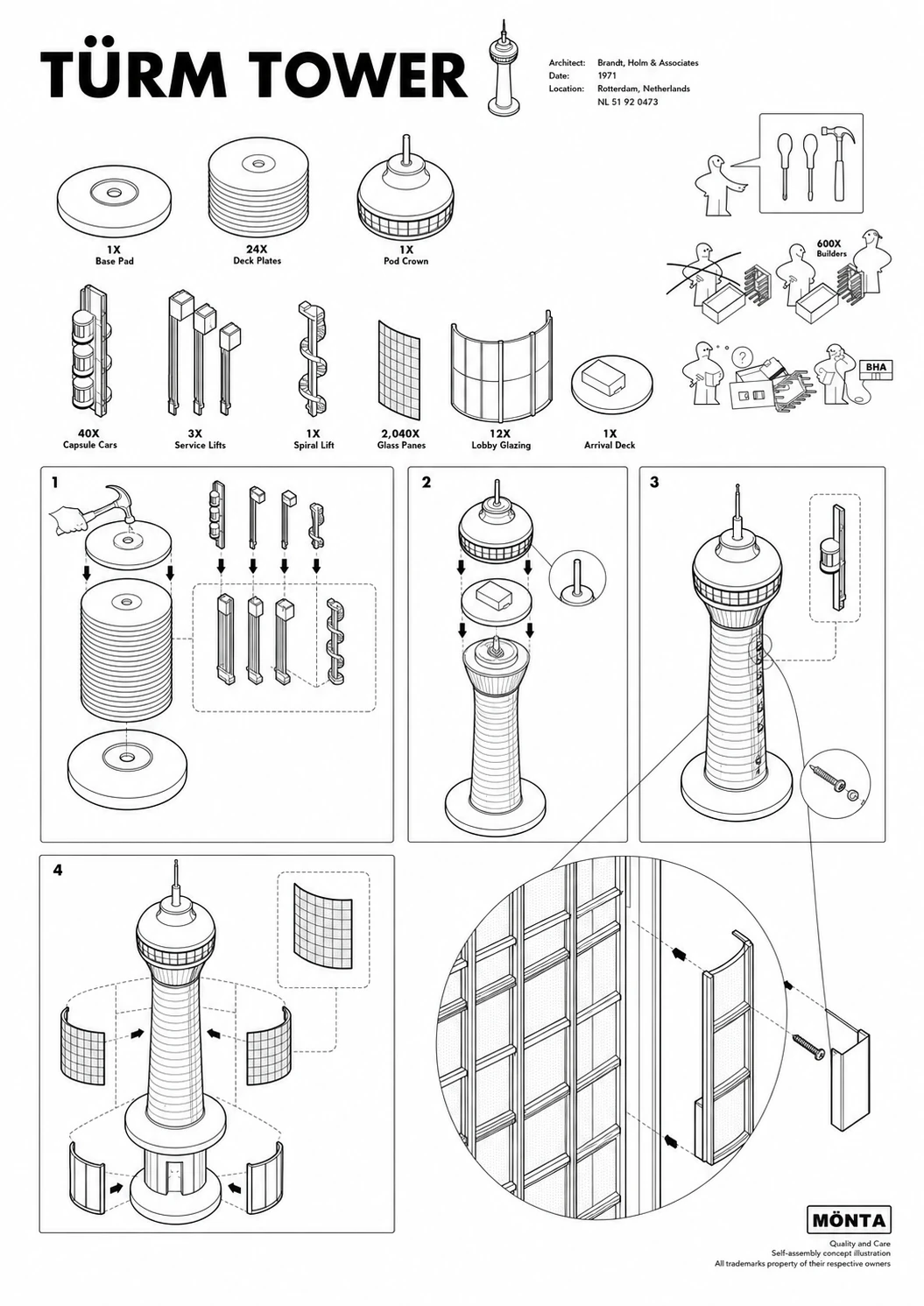 A flat-pack furniture-style assembly instruction sheet reimagined for constructing a fictional observation tower building.