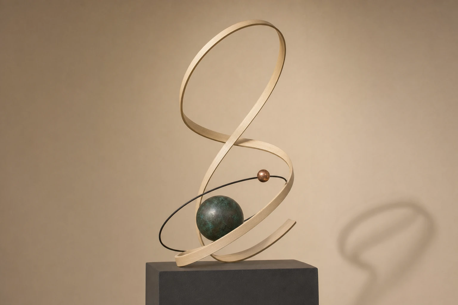 A graceful abstract sculpture of a spiraling pale wood ribbon orbiting a patinated sphere, displayed on a dark plinth against a warm neutral wall.
