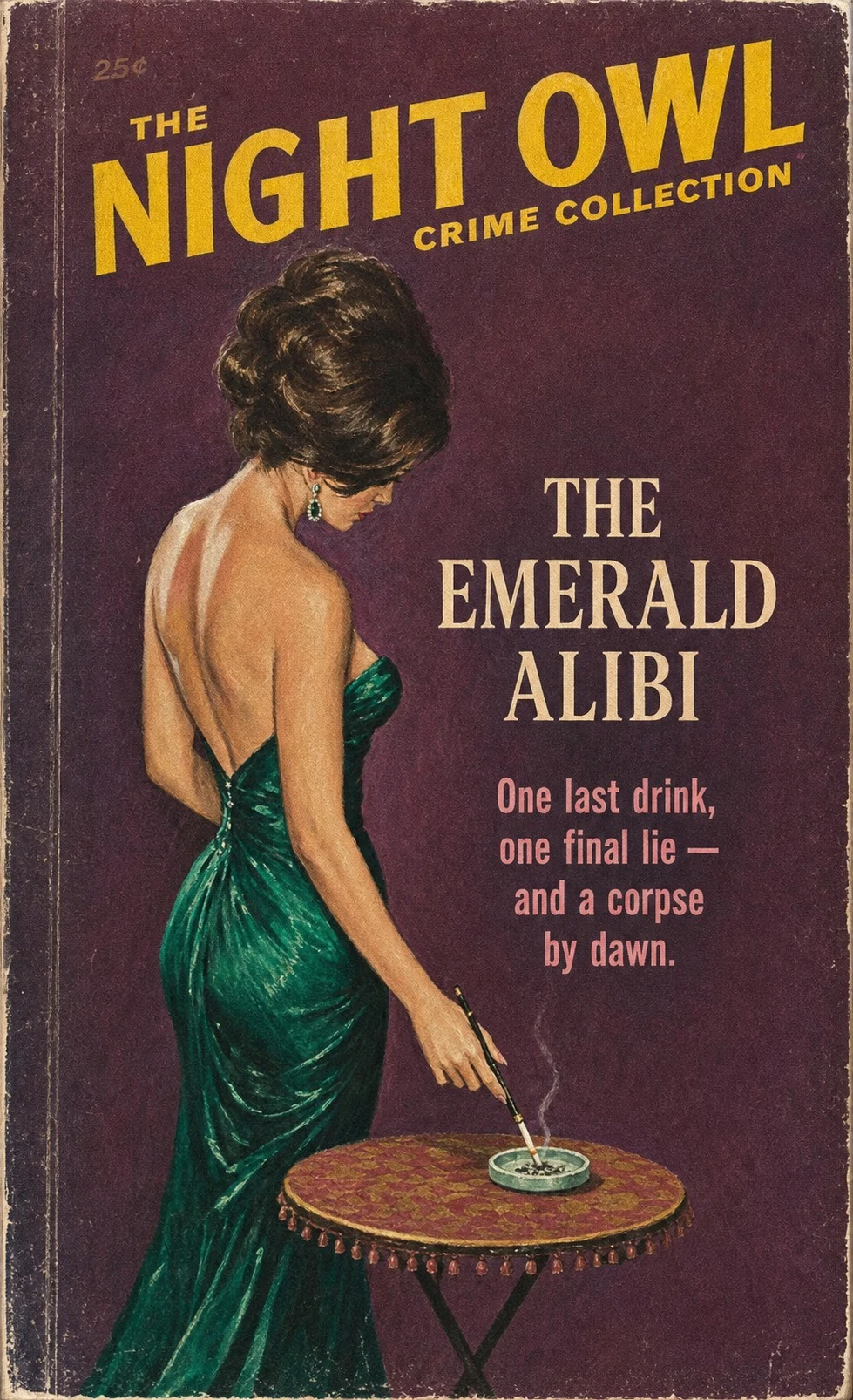 A vintage mid-century pulp crime paperback cover featuring a glamorous woman in an emerald gown stubbing out a cigarette.