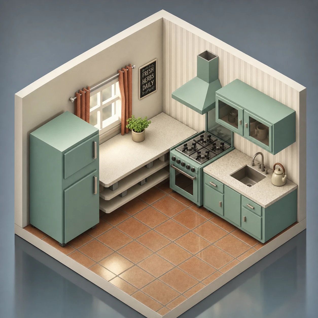 A cozy isometric 3D miniature diorama of a retro kitchen room with sage-green cabinetry and warm terracotta tile flooring.