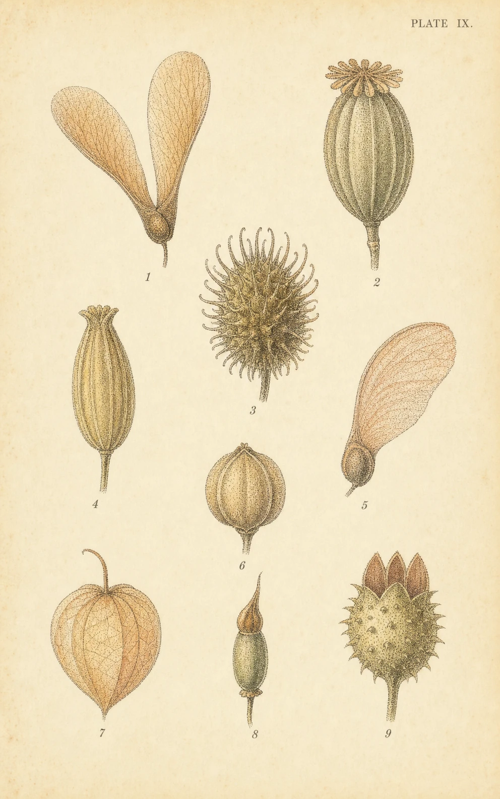A vintage scientific botanical plate illustrating a numbered collection of seeds, seed pods, and winged fruits.