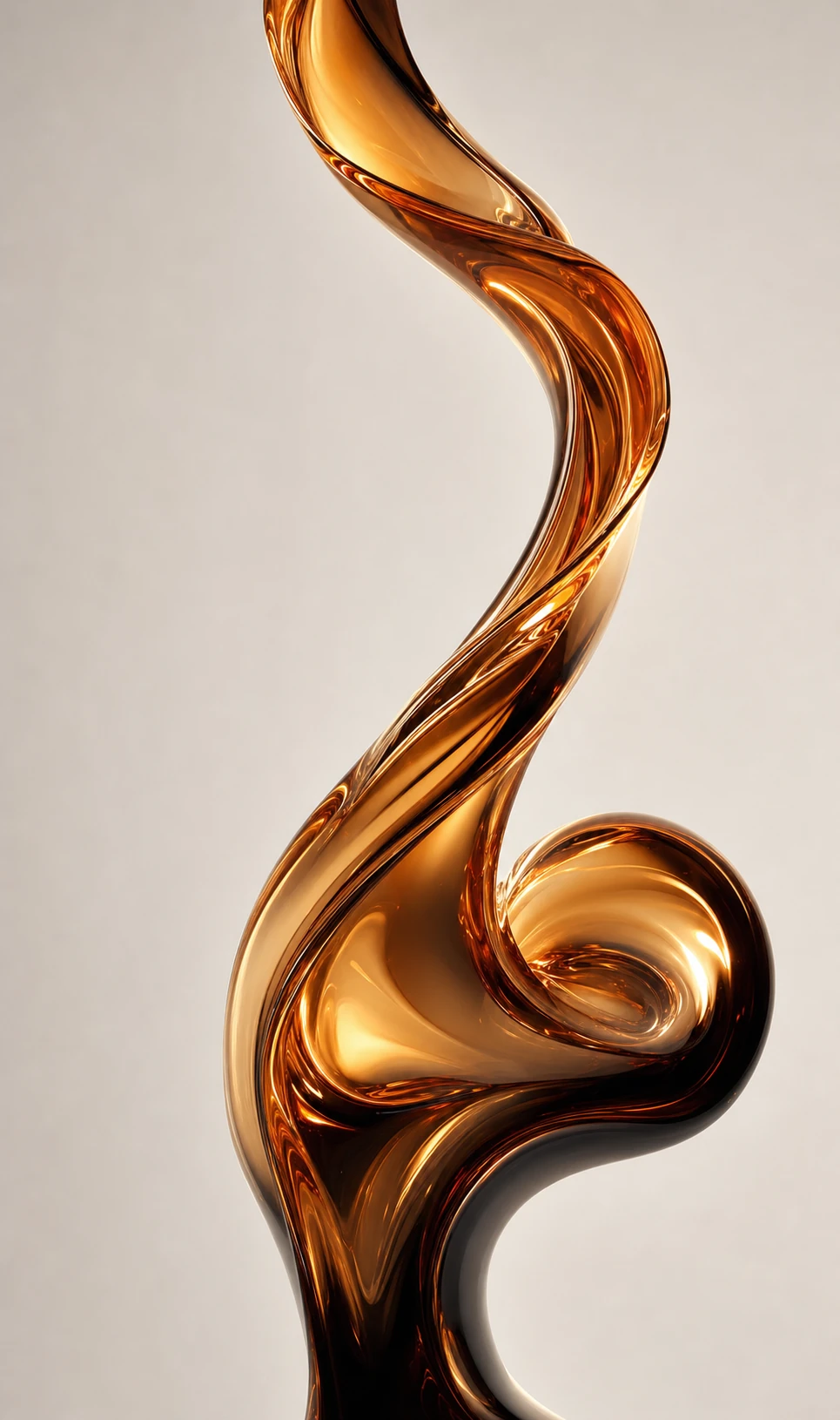 An abstract amber-glass sculpture twisting upward as a single sinuous ribbon against a soft neutral backdrop.