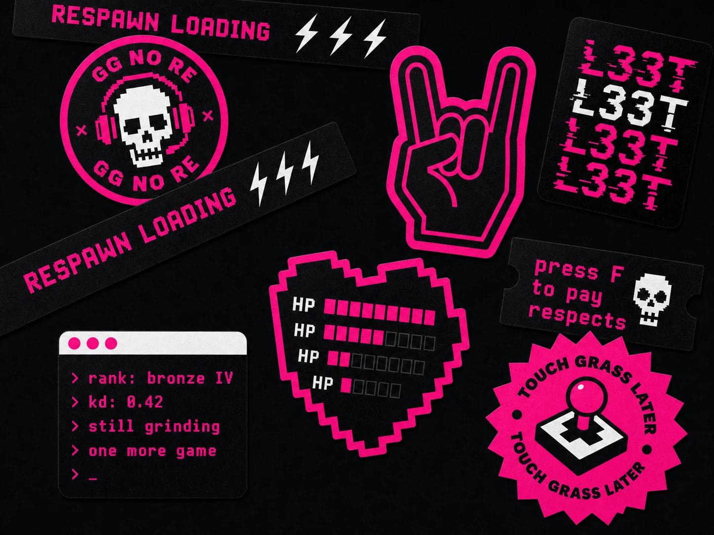 A sticker-sheet collage of gamer-culture badges and slogans rendered in hot pink and white on black.