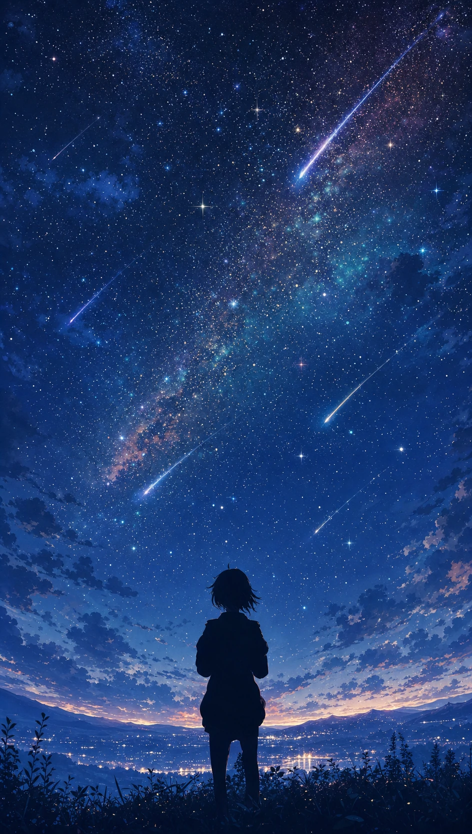 A lone silhouetted figure stands on a hill gazing up at a vast star-filled night sky streaked with shooting stars above a distant glowing valley.