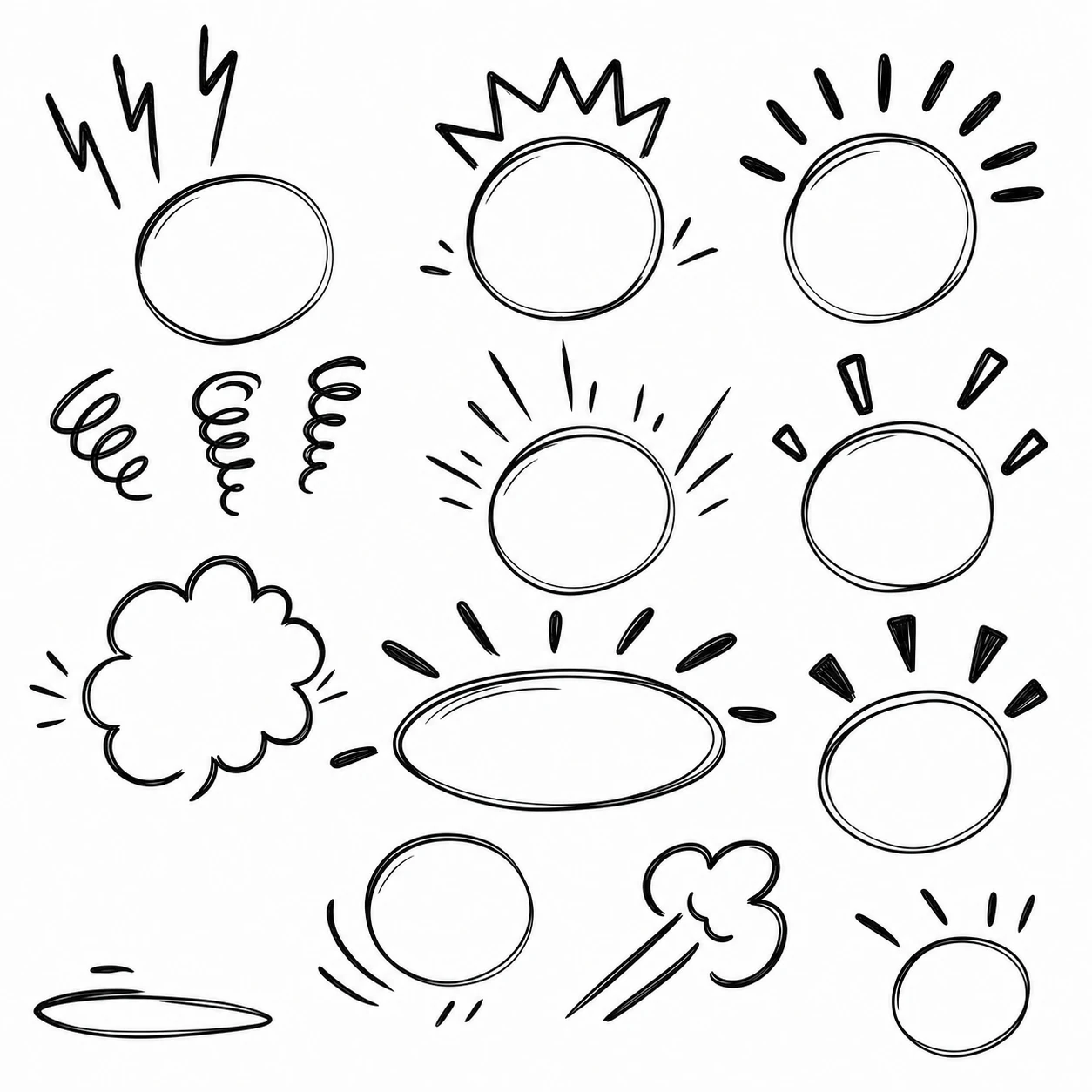 A set of hand-drawn black-ink doodle frames and speech-bubble shapes surrounded by comic-style emphasis marks on a white background.