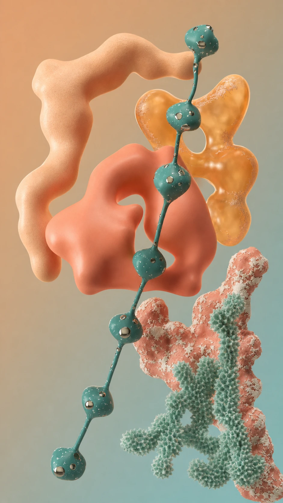 An abstract 3D-rendered composition of organic blobby forms with a chain of teal spheres threading through soft pastel masses.