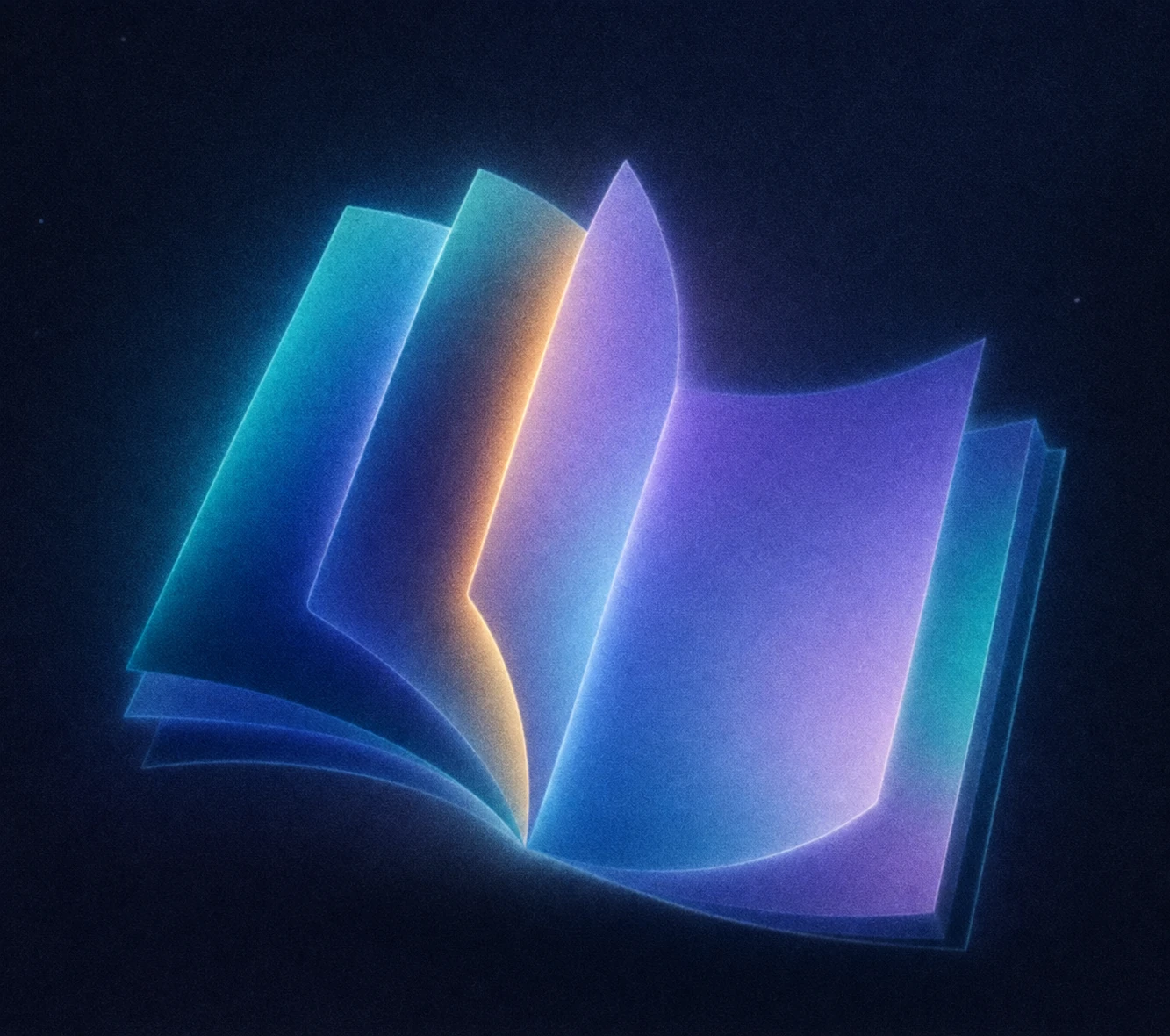 A glowing, ethereal open book rendered in luminous gradients of cyan, blue, and violet floating against a deep dark background.