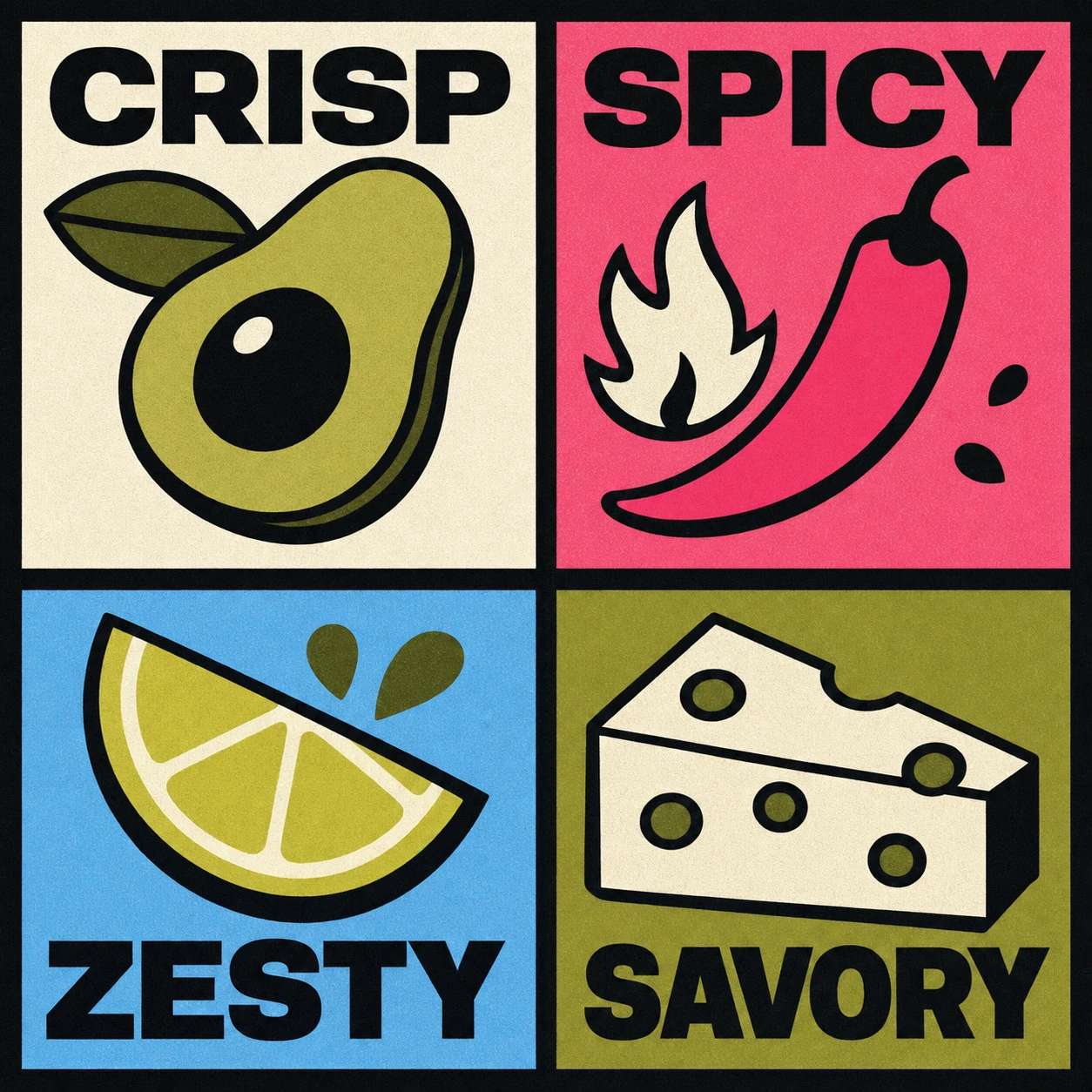 A four-panel grid of bold flat-icon food illustrations, each labeled with a single uppercase flavor word.
