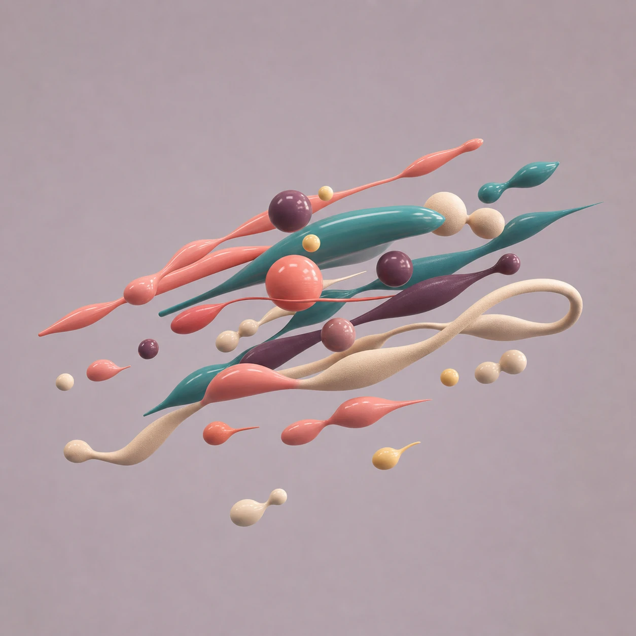 A floating cluster of glossy and matte liquid-like 3D shapes—tapered droplets, spheres, and ribbons—suspended against a soft muted backdrop.