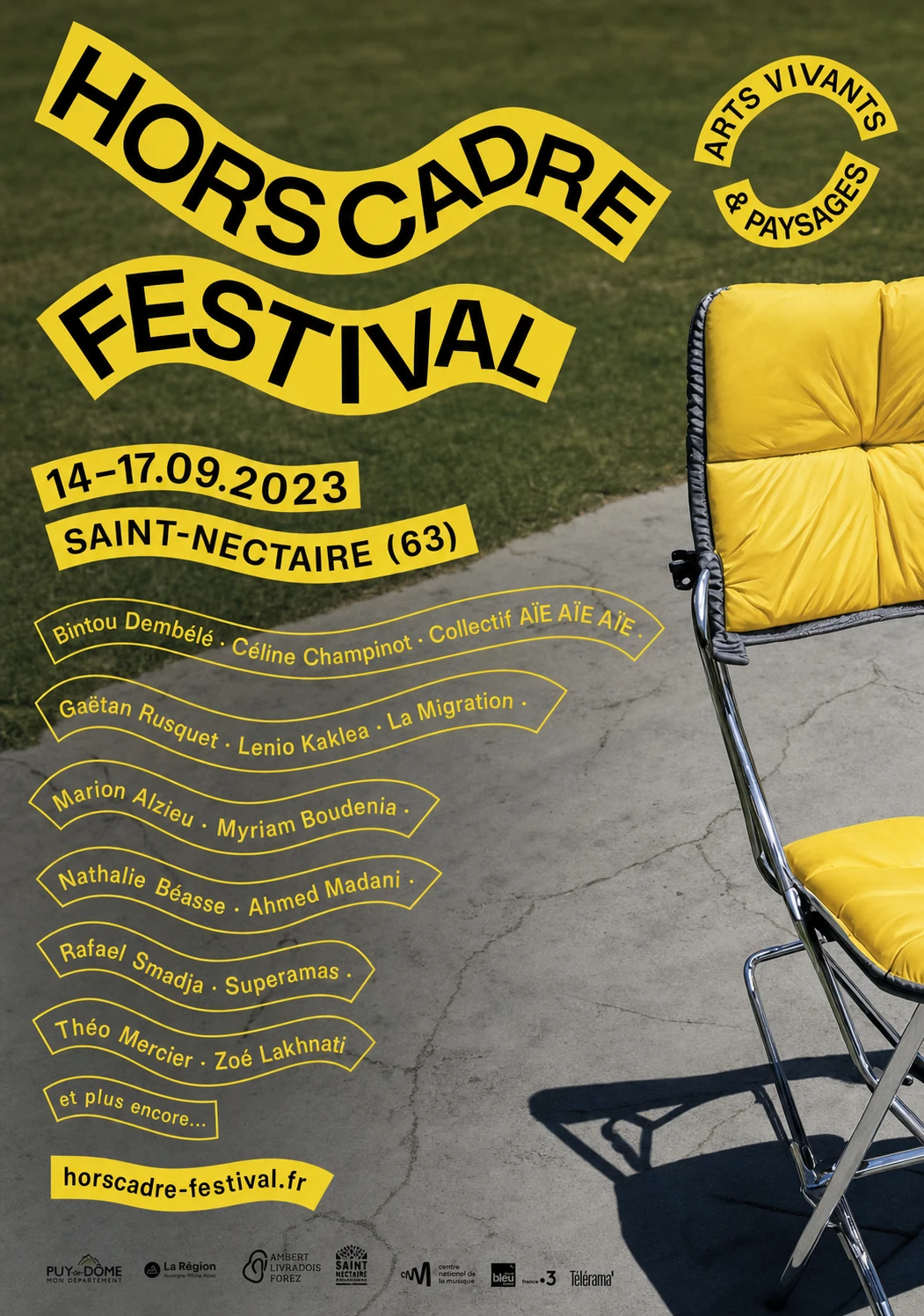 A performing-arts festival poster pairing a sunlit photo of a yellow-cushioned folding chair on grass-and-concrete with bold wavy yellow typographic banners.