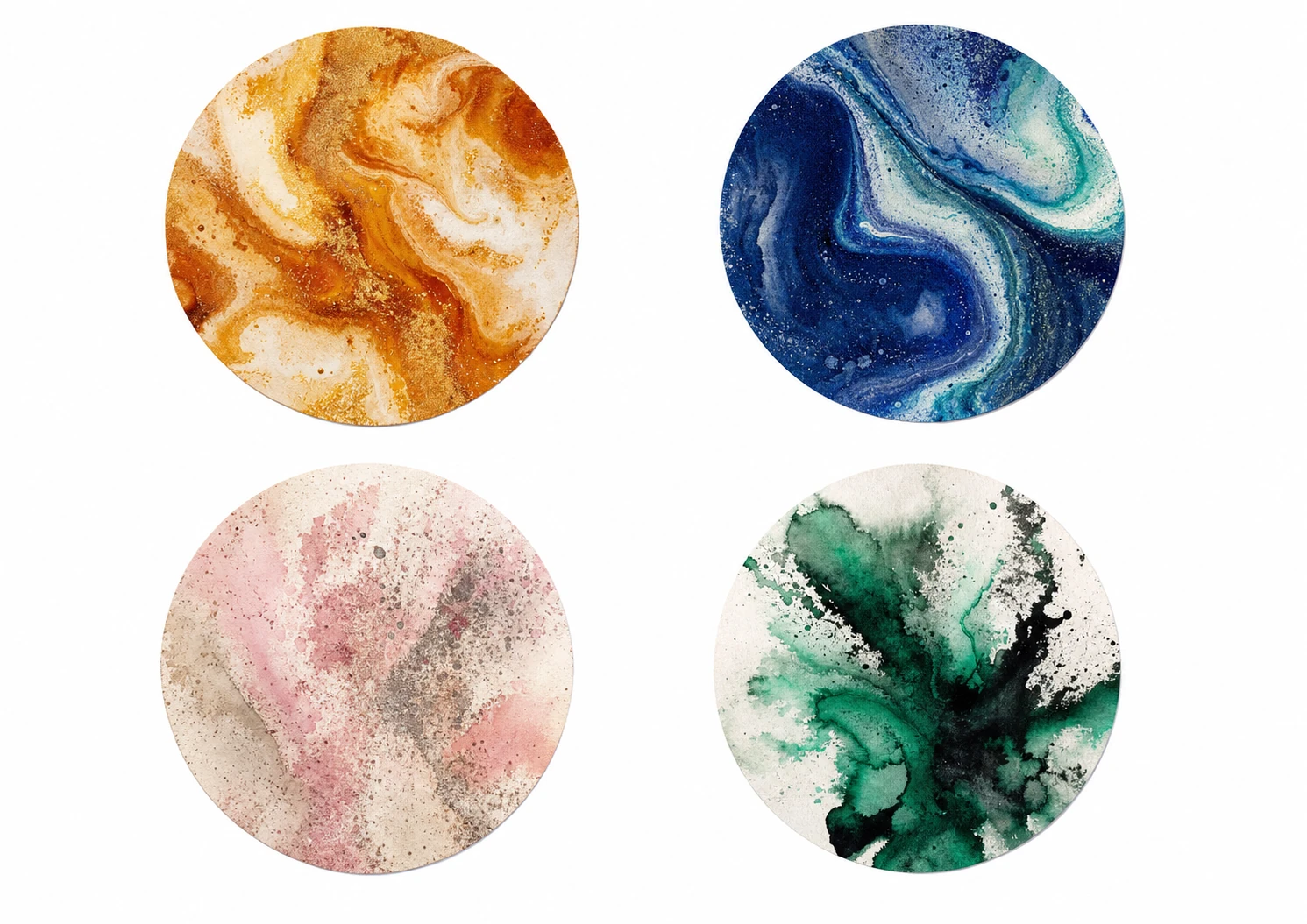 A set of four circular abstract fluid-art swatches arranged in a 2x2 grid on white, each circle filled with a different colored marbled or watercolor texture.