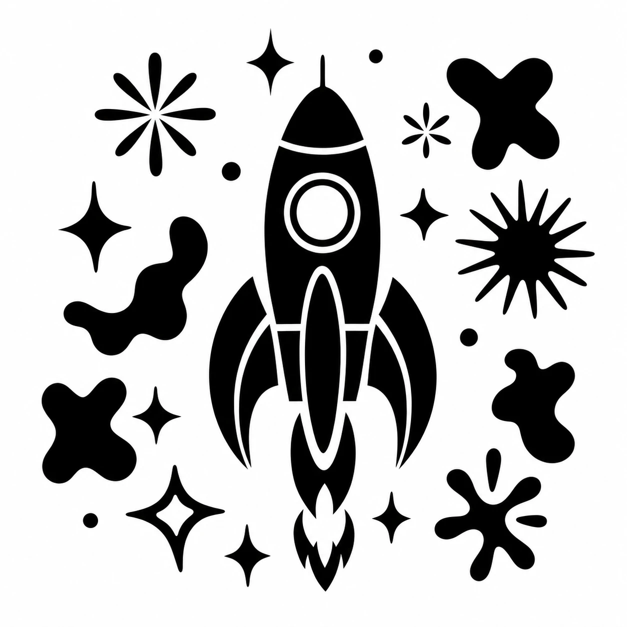 A bold black-and-white silhouette icon of a retro rocket ship surrounded by decorative space motifs.