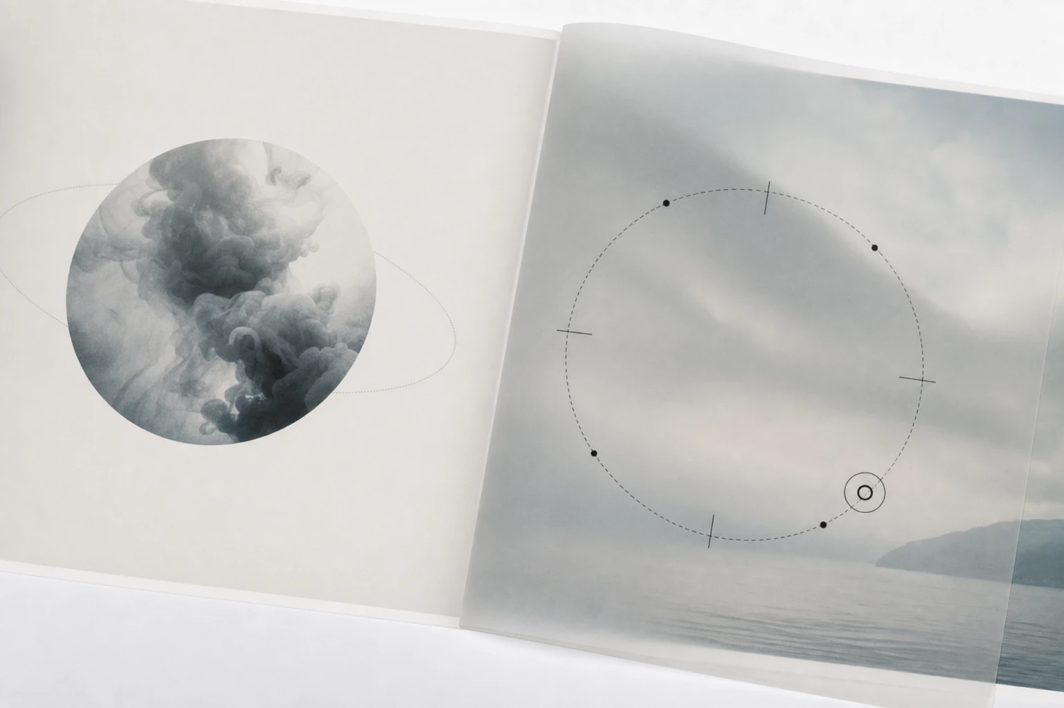 An open art book or printed spread showing a circular smoke-cloud planet on the left page and a misty seascape overlaid with delicate orbital line diagrams on t