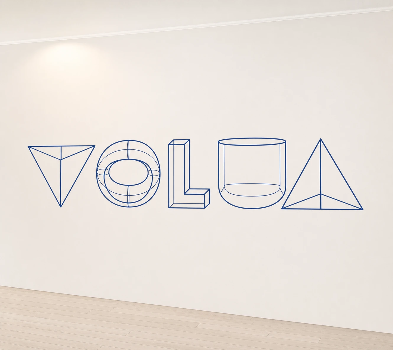 A minimalist gallery wall displaying a word spelled out in blue 3D wireframe geometric forms shaped like letters.