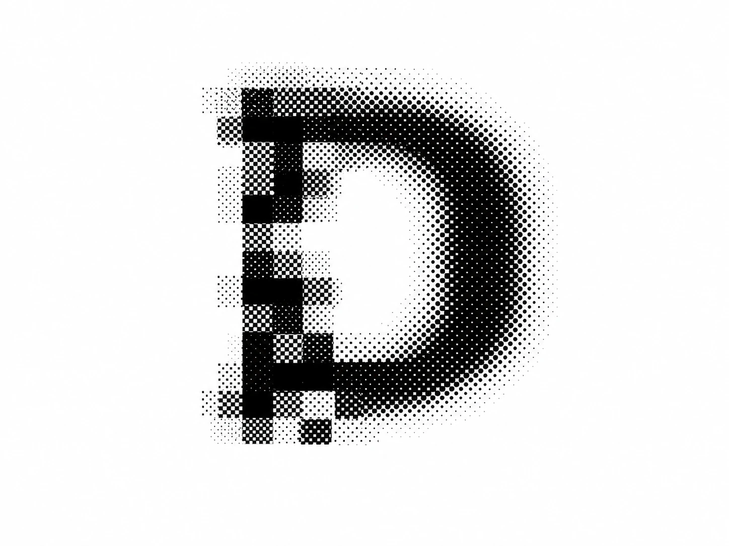 A single capital letterform rendered as an experimental black-and-white halftone composition that dissolves between solid pixel blocks and dot-pattern gradients