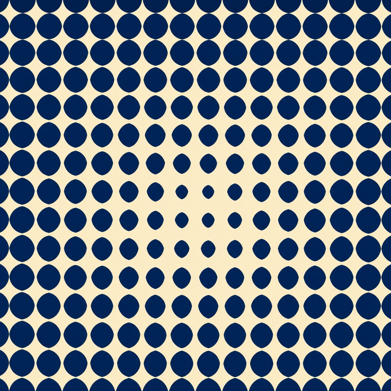 A halftone-style grid of navy dots on a cream background that shrink toward the center, creating a subtle depth illusion.