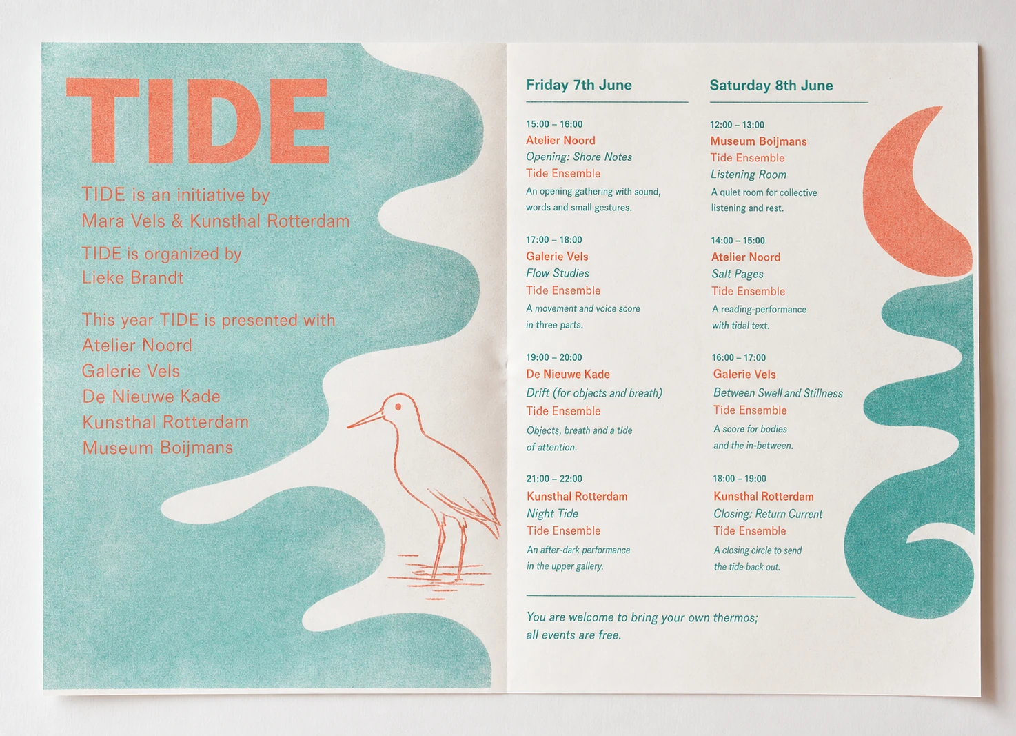 A two-page risograph-style event program for an arts initiative, pairing a bold display title and wading-bird line drawing with a tidy two-column schedule.