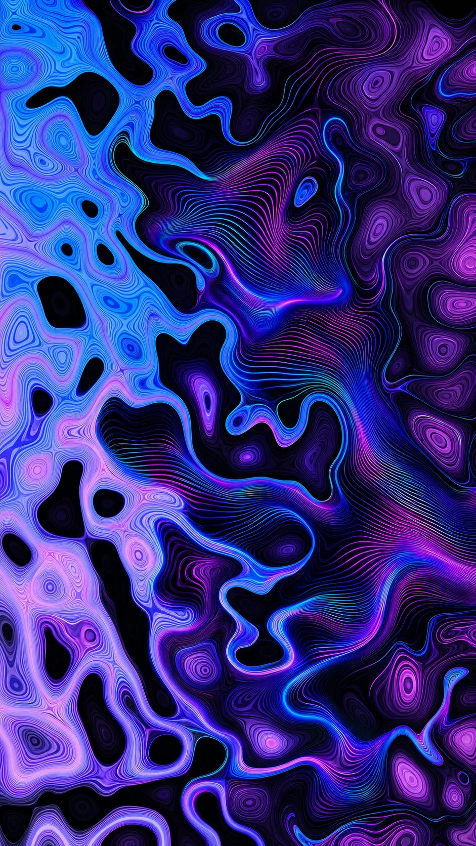 A vibrant abstract psychedelic wallpaper of flowing topographic-style contour lines in electric blues and purples against deep black voids.