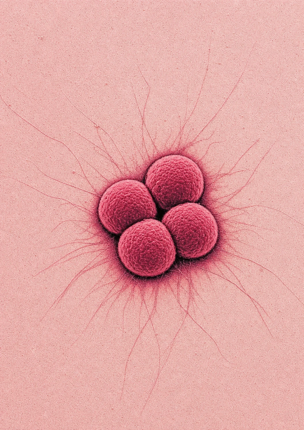 A colorized scanning electron micrograph of a cluster of spherical bacteria with radiating hair-like filaments on a soft pink surface.