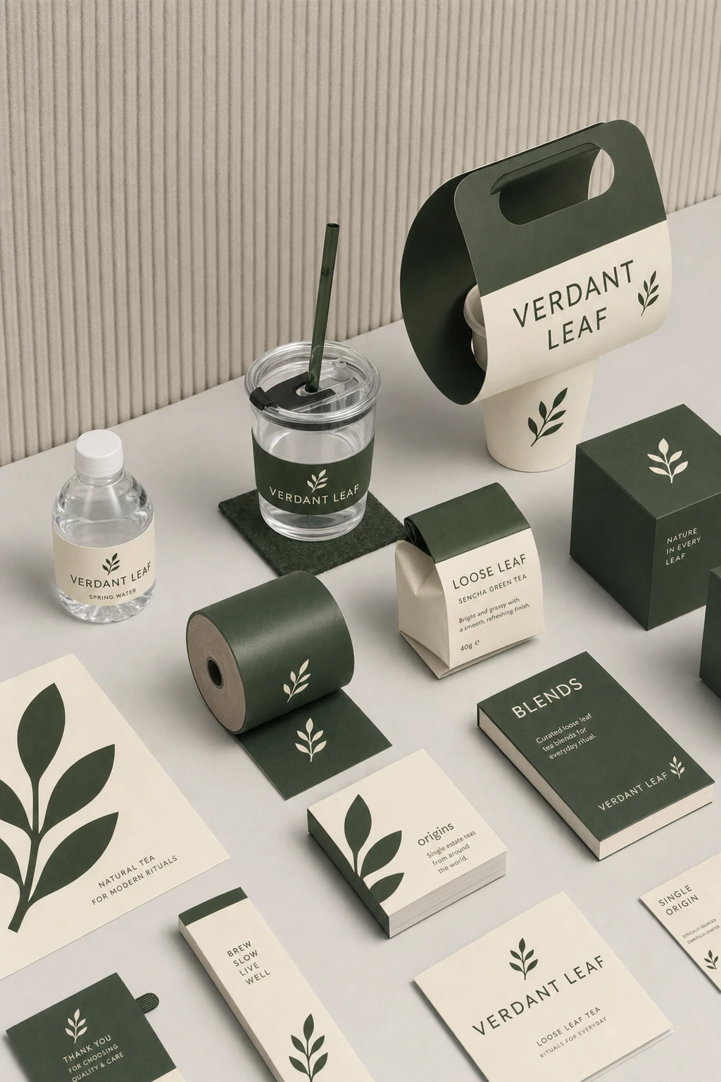A cohesive branding mockup flat-lay showcasing a tea brand's packaging and stationery suite in dark green and cream.