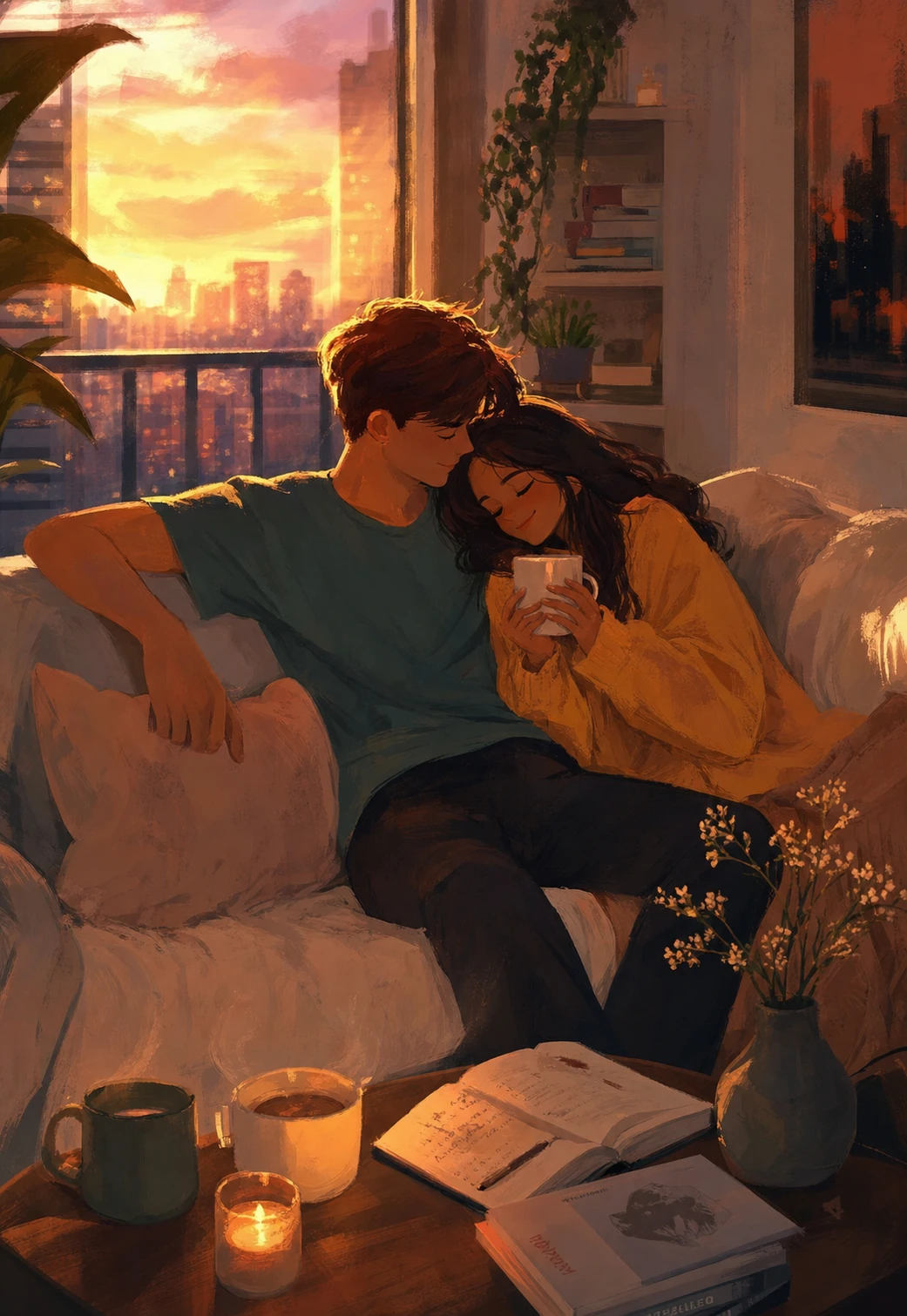 A cozy painterly illustration of a young couple cuddling on a sofa at sunset in a city apartment.