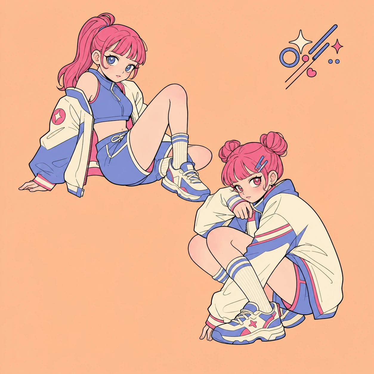 A retro-anime character sheet showing two poses of a pink-haired girl in sporty streetwear against a peach background.