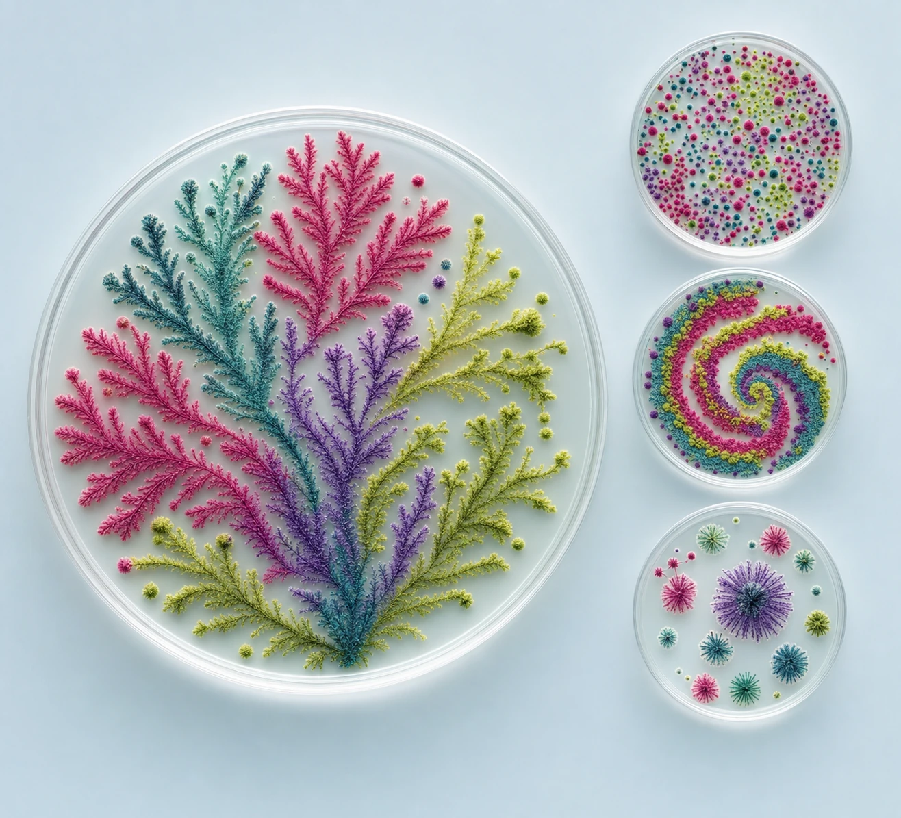 A top-down arrangement of petri dishes filled with vividly colored bacterial colonies forming fractal, spiral, and bursting organic patterns.