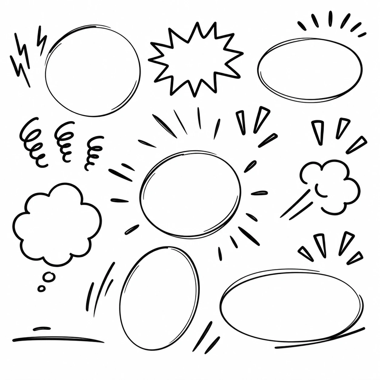 A set of hand-drawn comic-style speech and thought bubbles with motion and emphasis accents on a clean white background.
