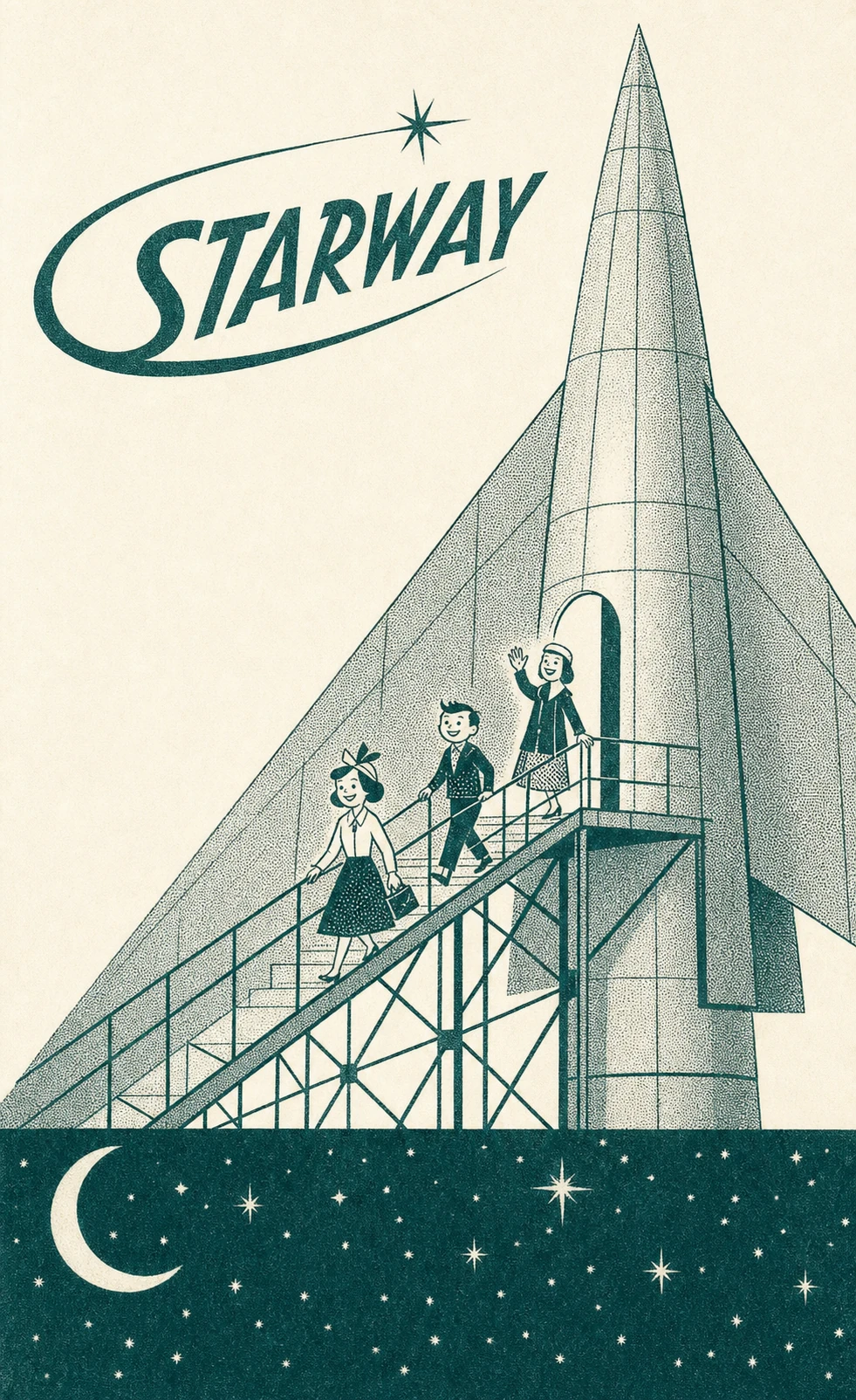 A retro-futurist 1950s-style illustrated poster of a family boarding a towering rocket via an external staircase, beneath a hand-lettered space-age wordmark.