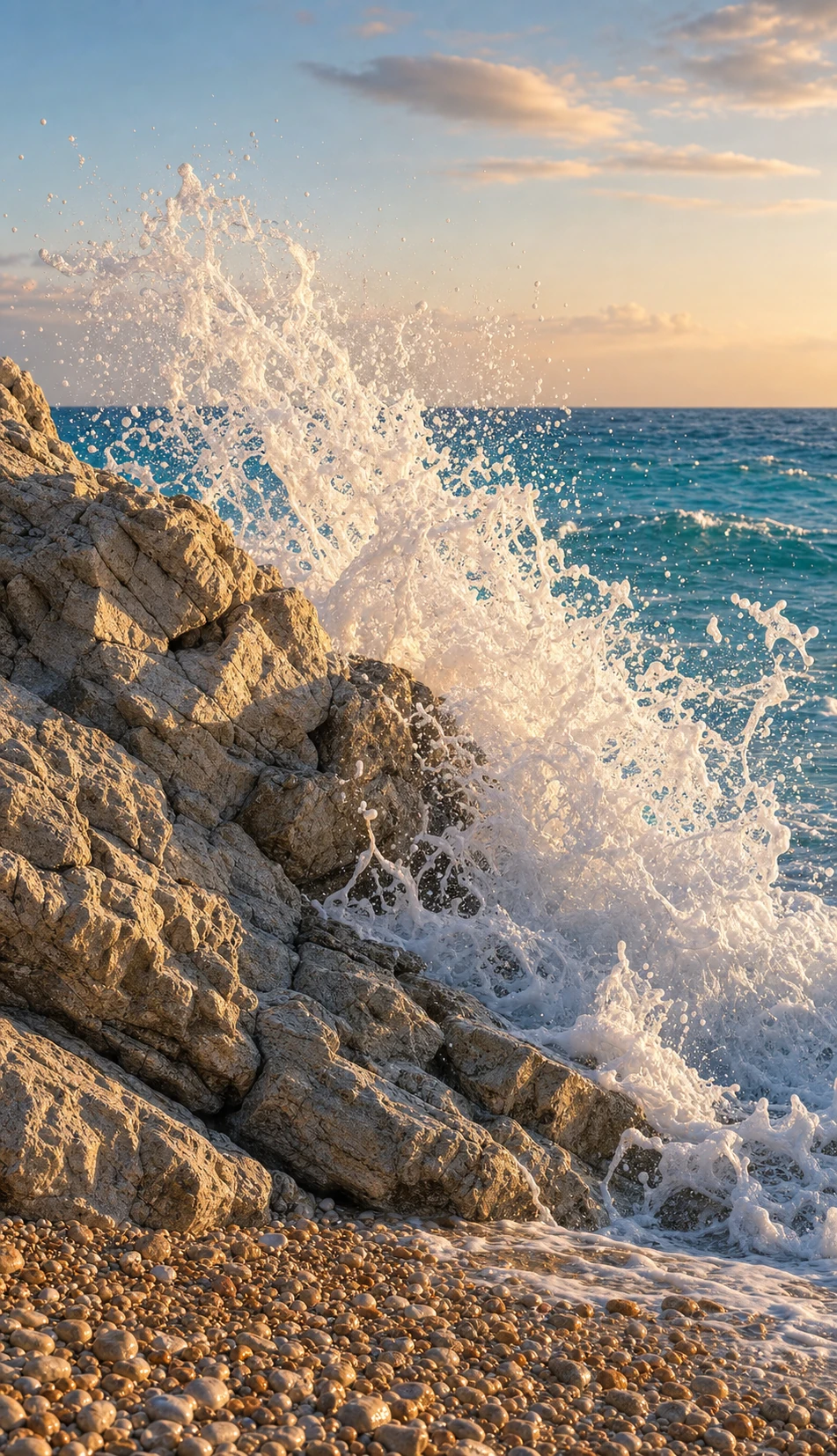 A dramatic seascape photograph of a wave crashing against coastal rocks at golden hour, sending up a tall plume of white spray.