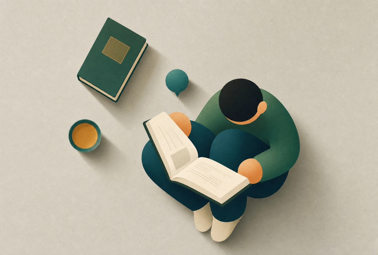 A top-down flat illustration of a person sitting cross-legged reading an open book, with a closed book, a cup of tea, and a speech bubble nearby.