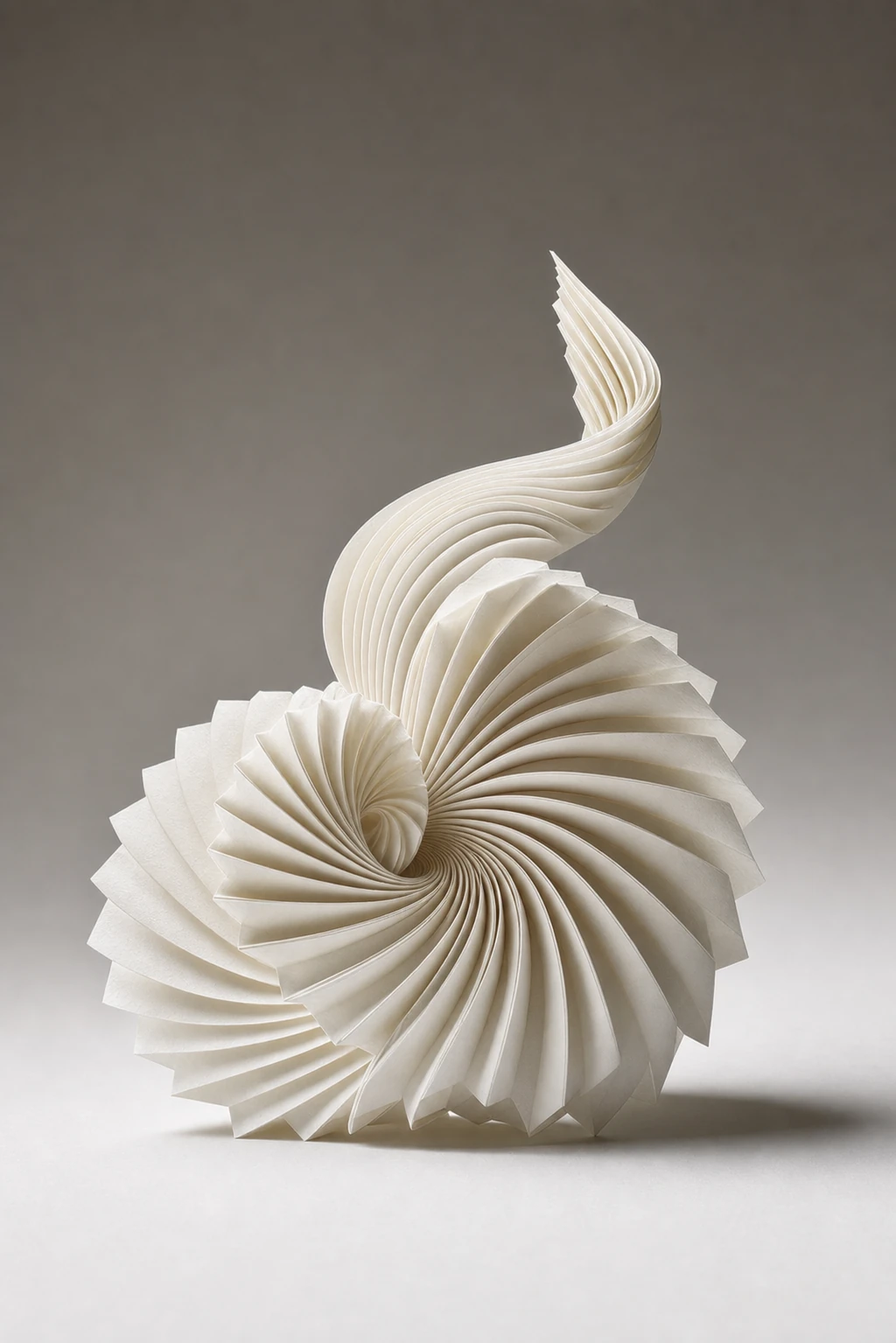 An intricate white folded-paper sculpture forming a spiraling shell-like form with a sweeping pleated tail against a soft neutral studio backdrop.