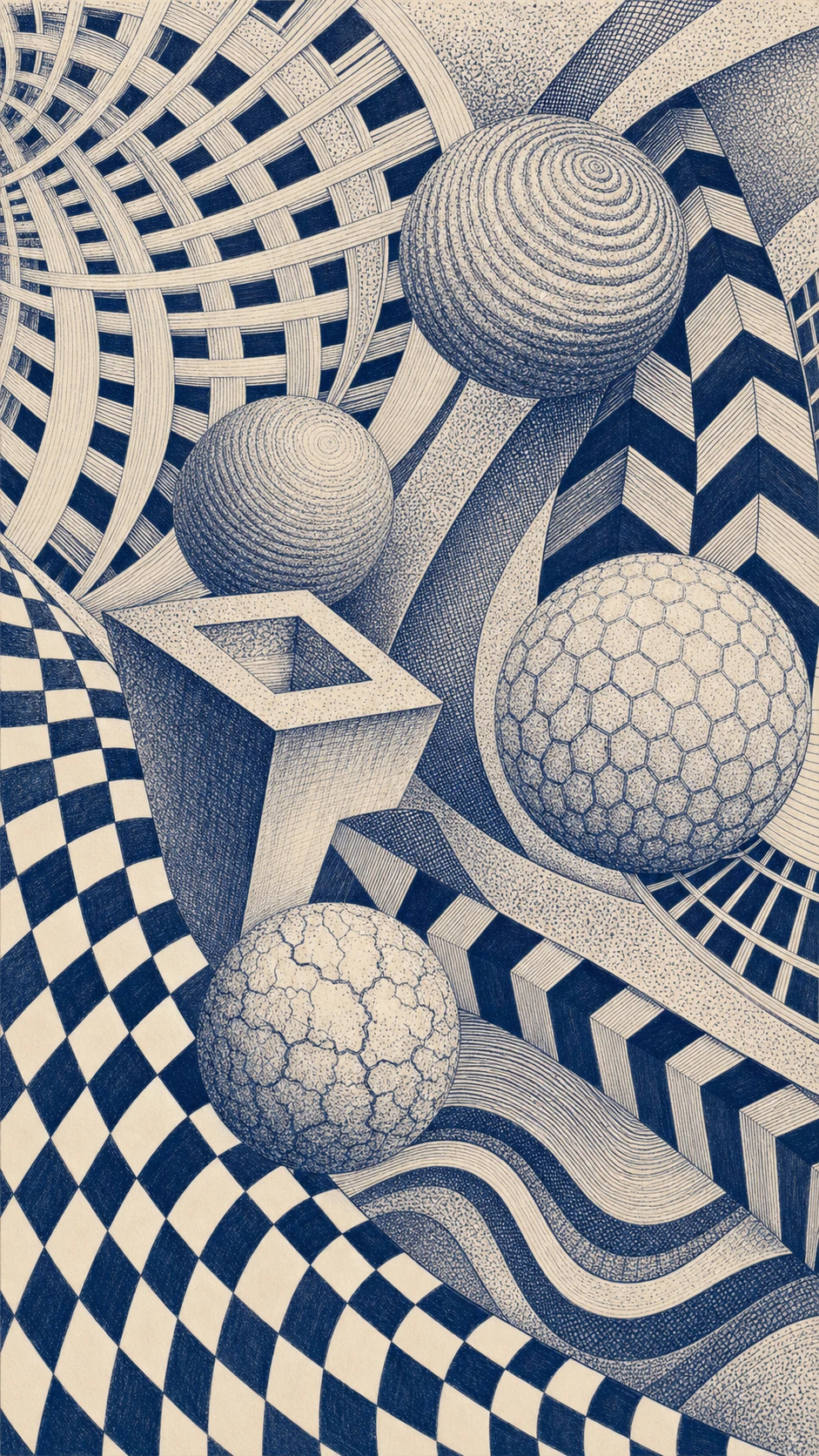 A dense surrealist pen-and-ink composition of textured floating spheres and an impossible cube set against warping geometric pattern fields.
