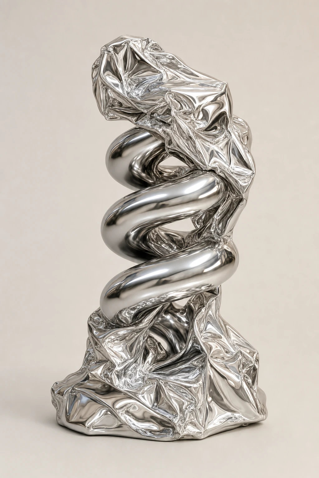 A polished chrome abstract sculpture combining crumpled foil-like masses and a smooth spiraling coil, centered on a soft neutral backdrop.
