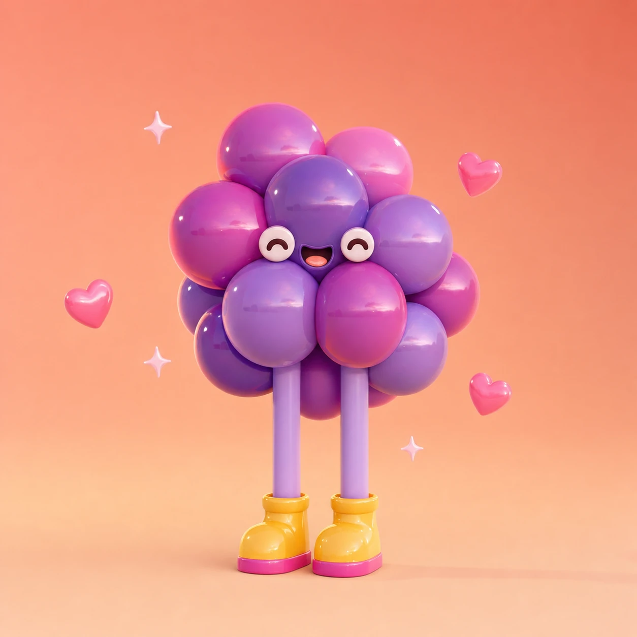 A cheerful 3D-rendered character made of clustered glossy purple spheres with thin legs and yellow boots, floating amid pink hearts and sparkles.