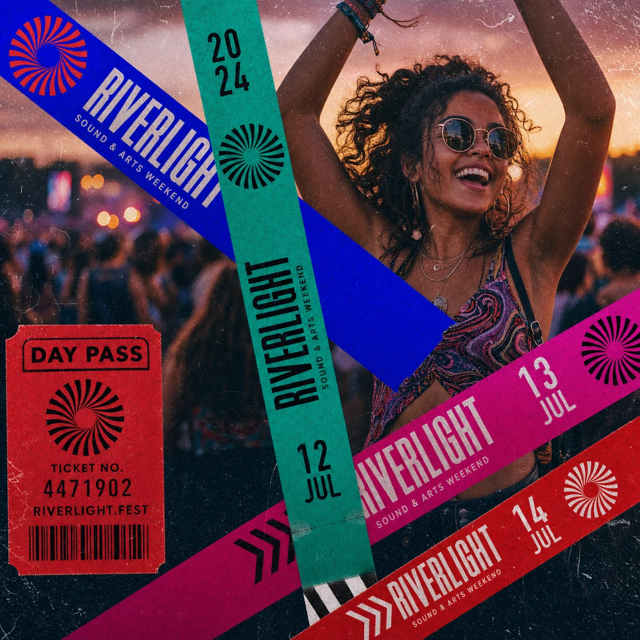 A music-festival promo collage layering colorful diagonal wristband-style ribbons and a vintage ticket stub over a sunset photo of a joyful festivalgoer.