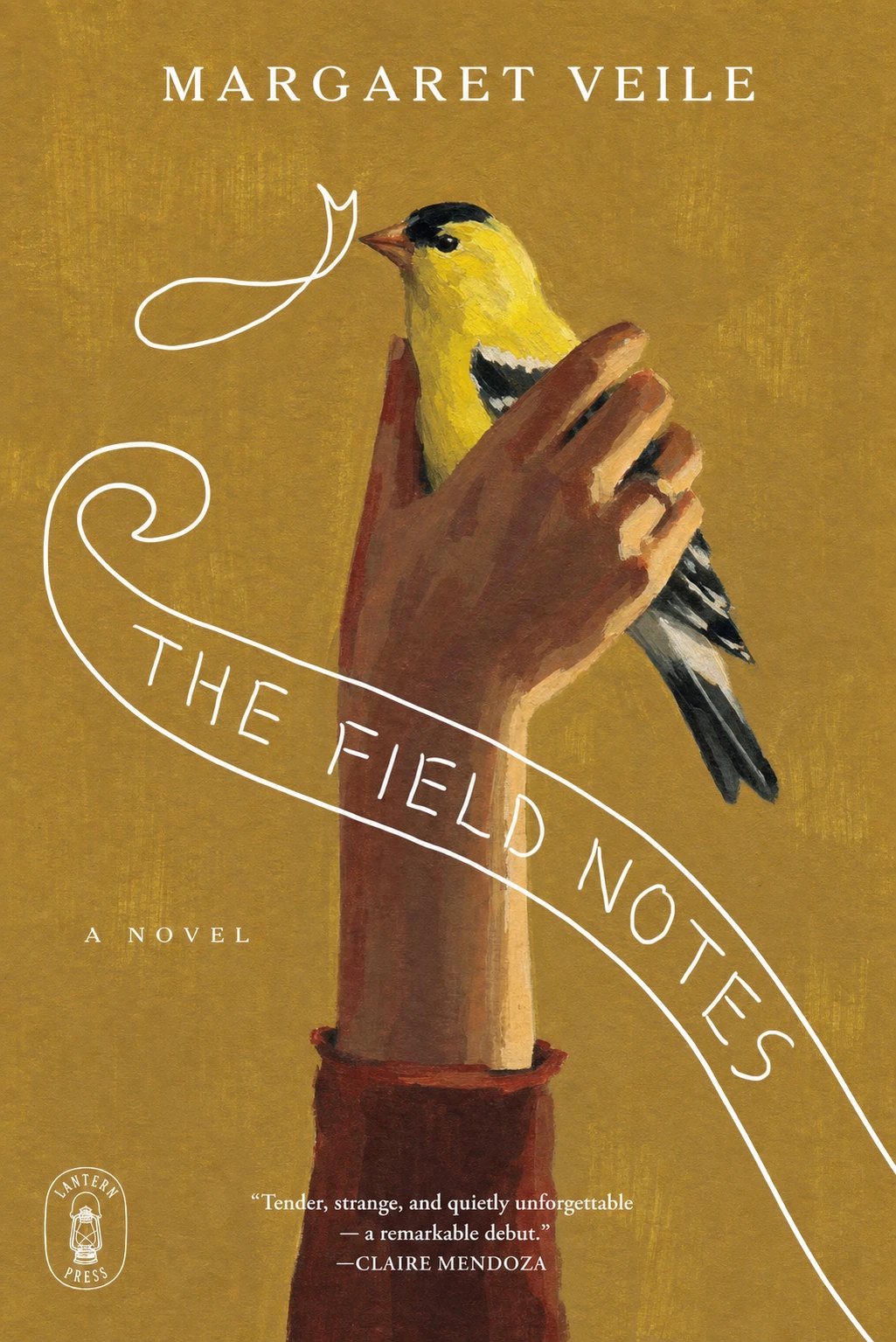 A literary fiction book cover featuring a painterly illustration of a small bird perched on an upraised human hand, with a flowing ribbon-like line forming the 