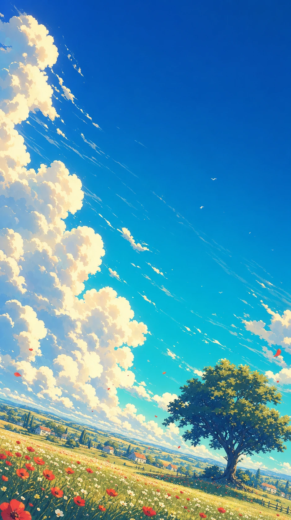 A serene anime-style countryside landscape with a lone tree, wildflower meadow, and towering cumulus clouds under a vivid blue sky.