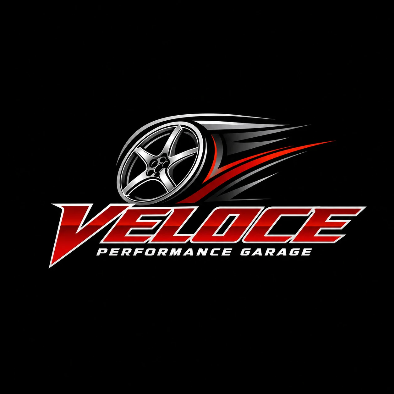 A bold automotive performance-garage logo featuring a chrome alloy wheel with dynamic motion streaks above stylized red metallic lettering.