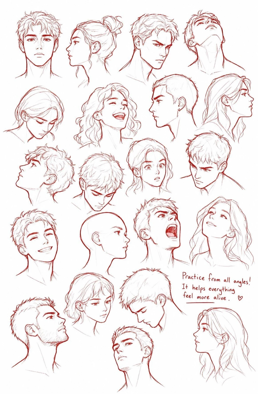 A monochrome red-pencil character head study sheet showing many faces drawn from varied angles and expressions.