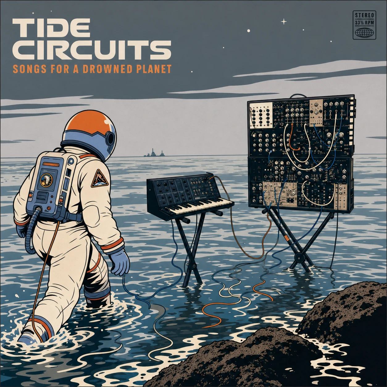 A retro sci-fi album cover showing an astronaut wading through a flooded planet toward submerged analog synthesizers under a grey sky.