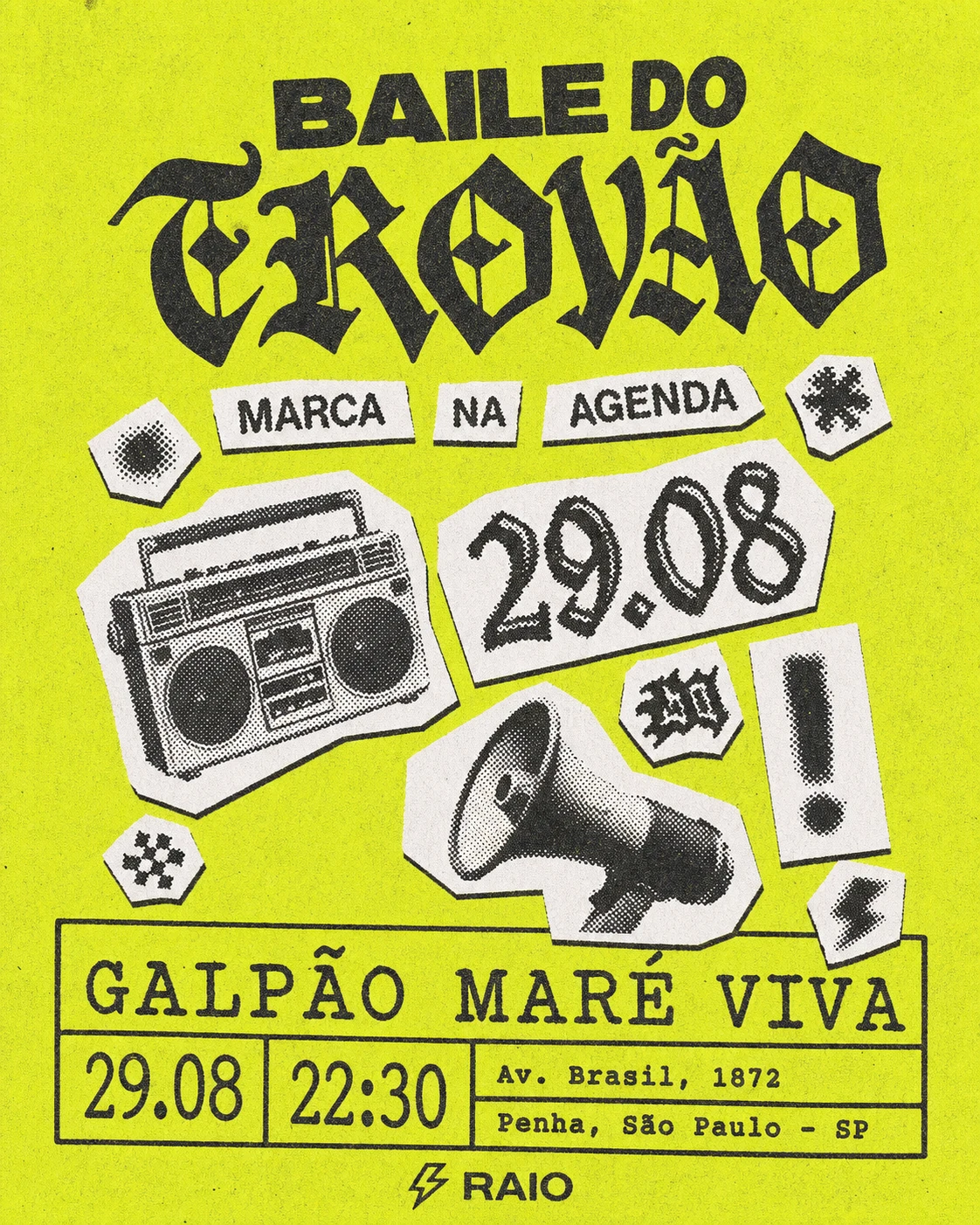A neon-yellow DIY event poster with bold blackletter title and cut-out halftone collage elements announcing a party.