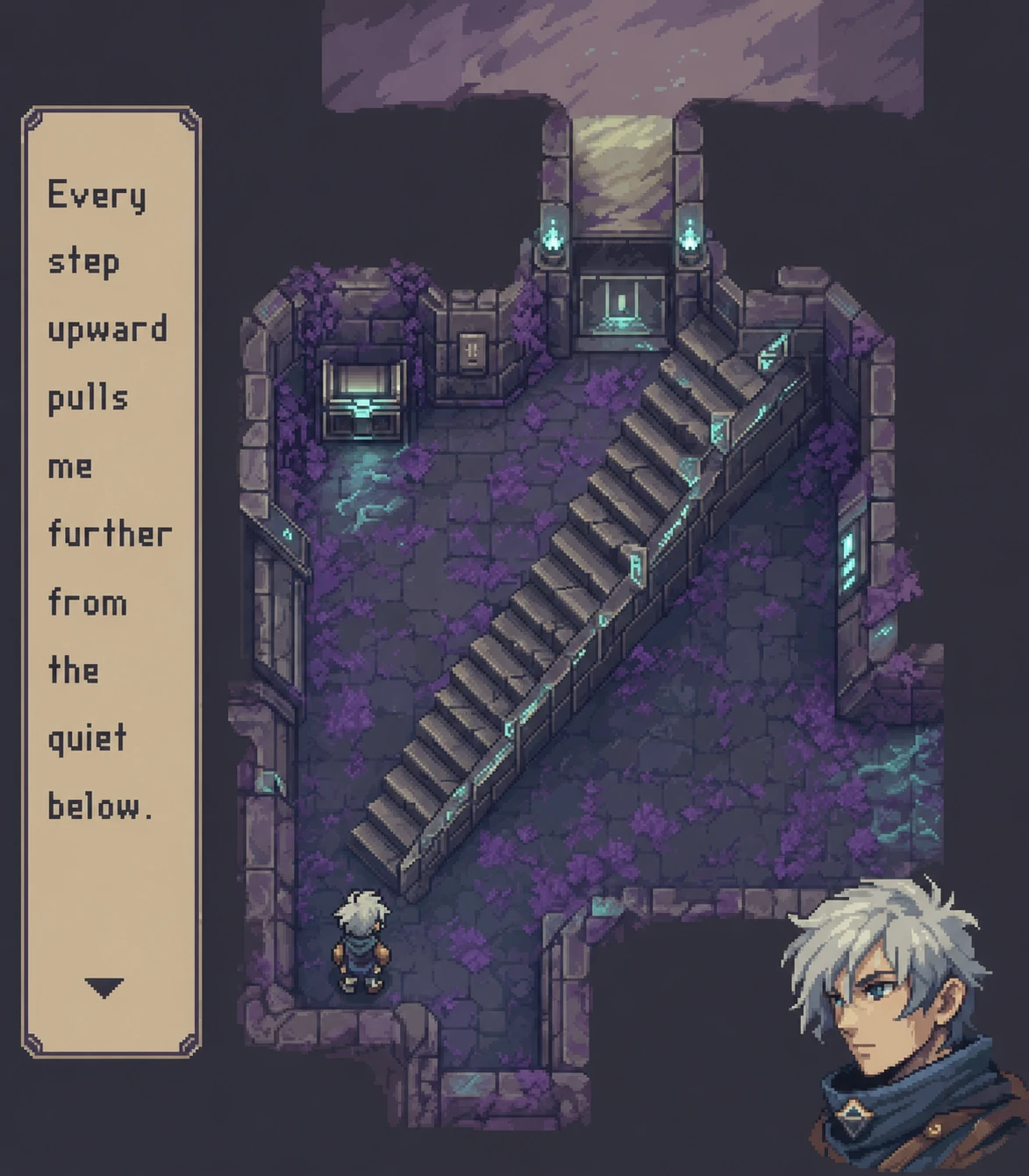 A retro-style pixel-art RPG scene showing a hero in a mystical stone dungeon with a dialogue box of narrative text and a character portrait.