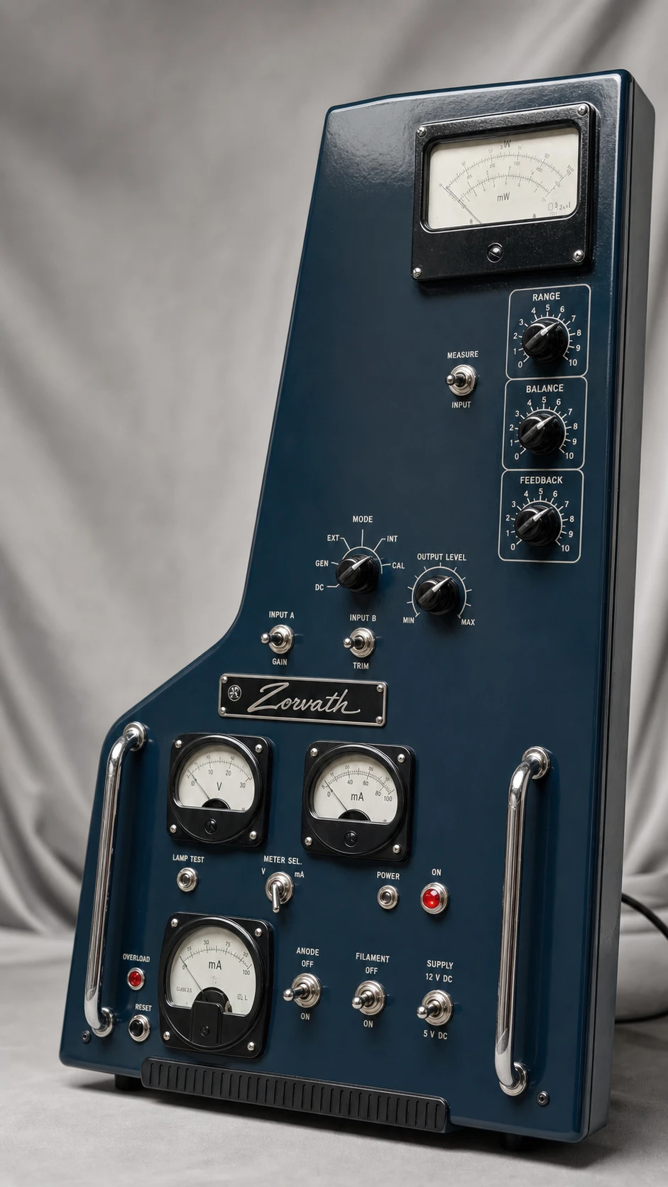 A studio product photograph of a vintage mid-century scientific instrument with a tall sloped front panel covered in analog meters, knobs, and toggle switches.