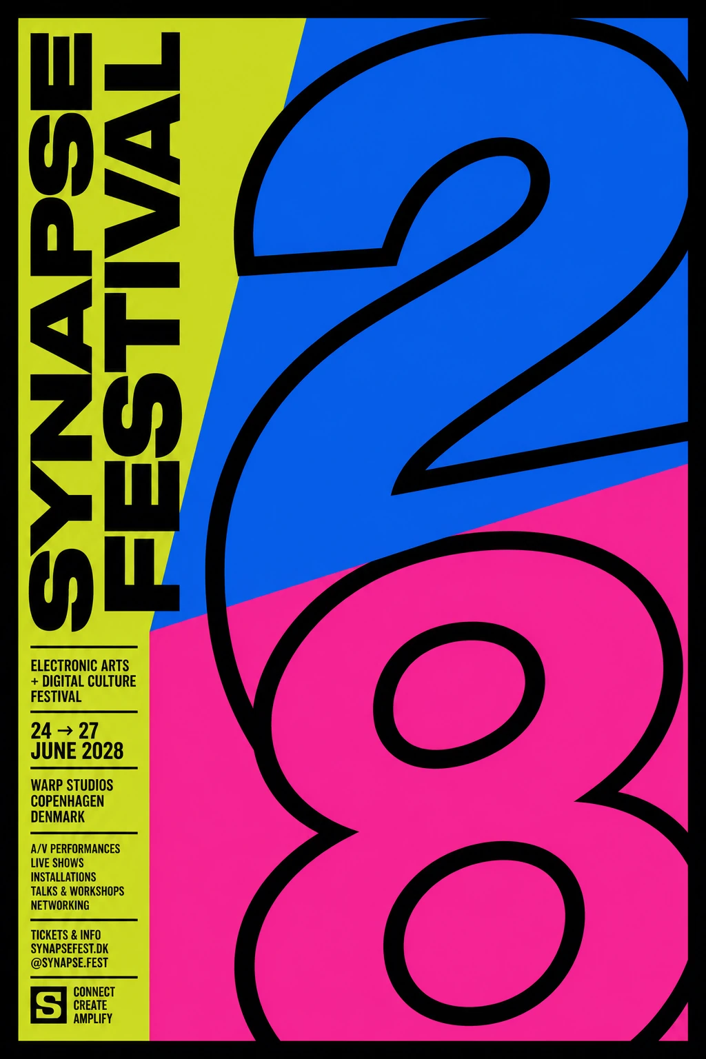 A bold, color-blocked event poster for a digital arts festival featuring oversized outlined year numerals and a vertical title sidebar.