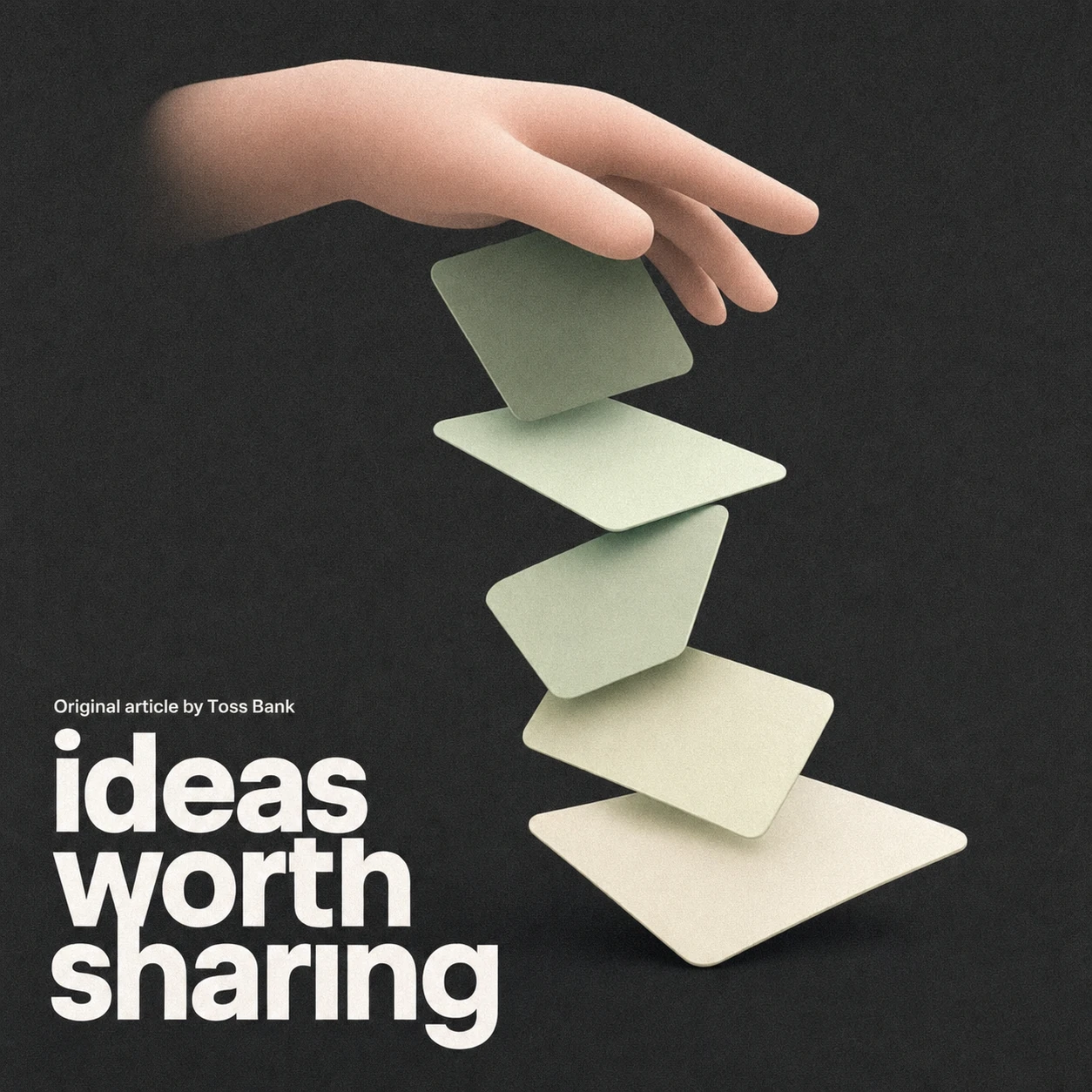 A moody 3D-rendered key visual of a hand releasing a cascading stack of floating rounded cards over a dark textured background, paired with bold lowercase headl